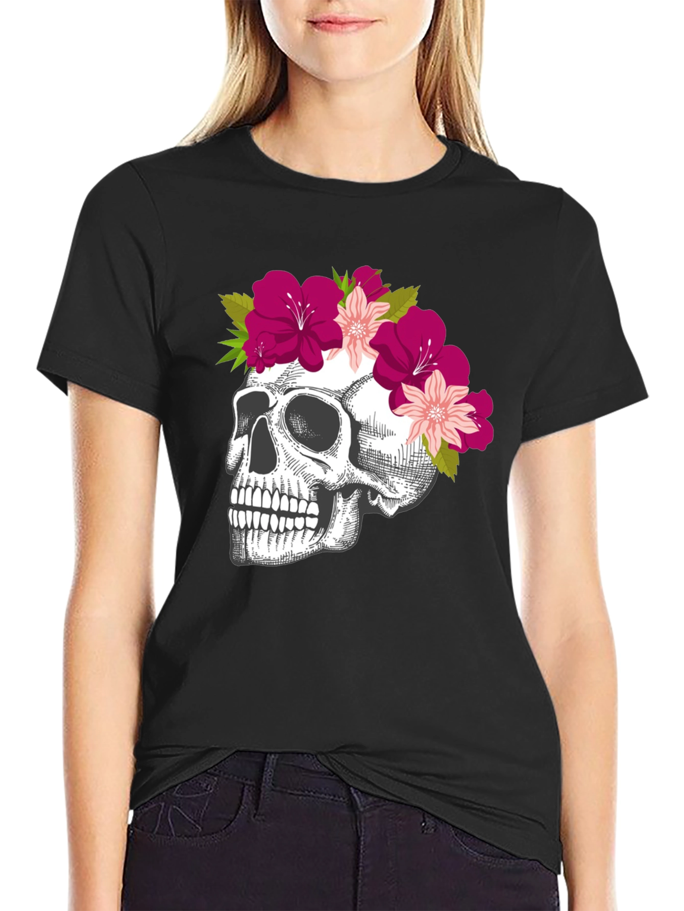 Black Floral Skull Graphic Tee - Unique & Stylish view 2