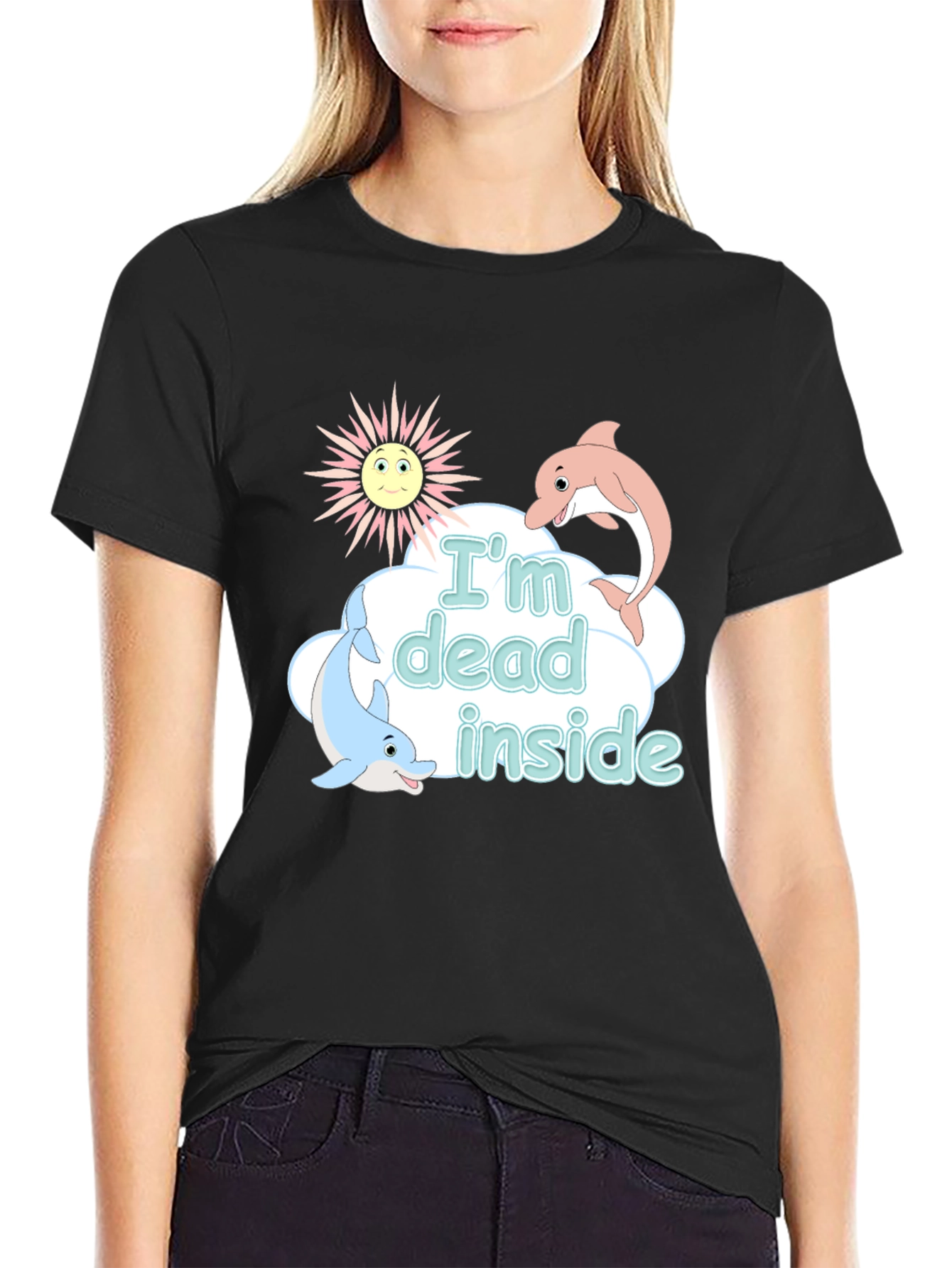 Black I'm Dead Inside Funny Dolphin Graphic T-Shirt view 2