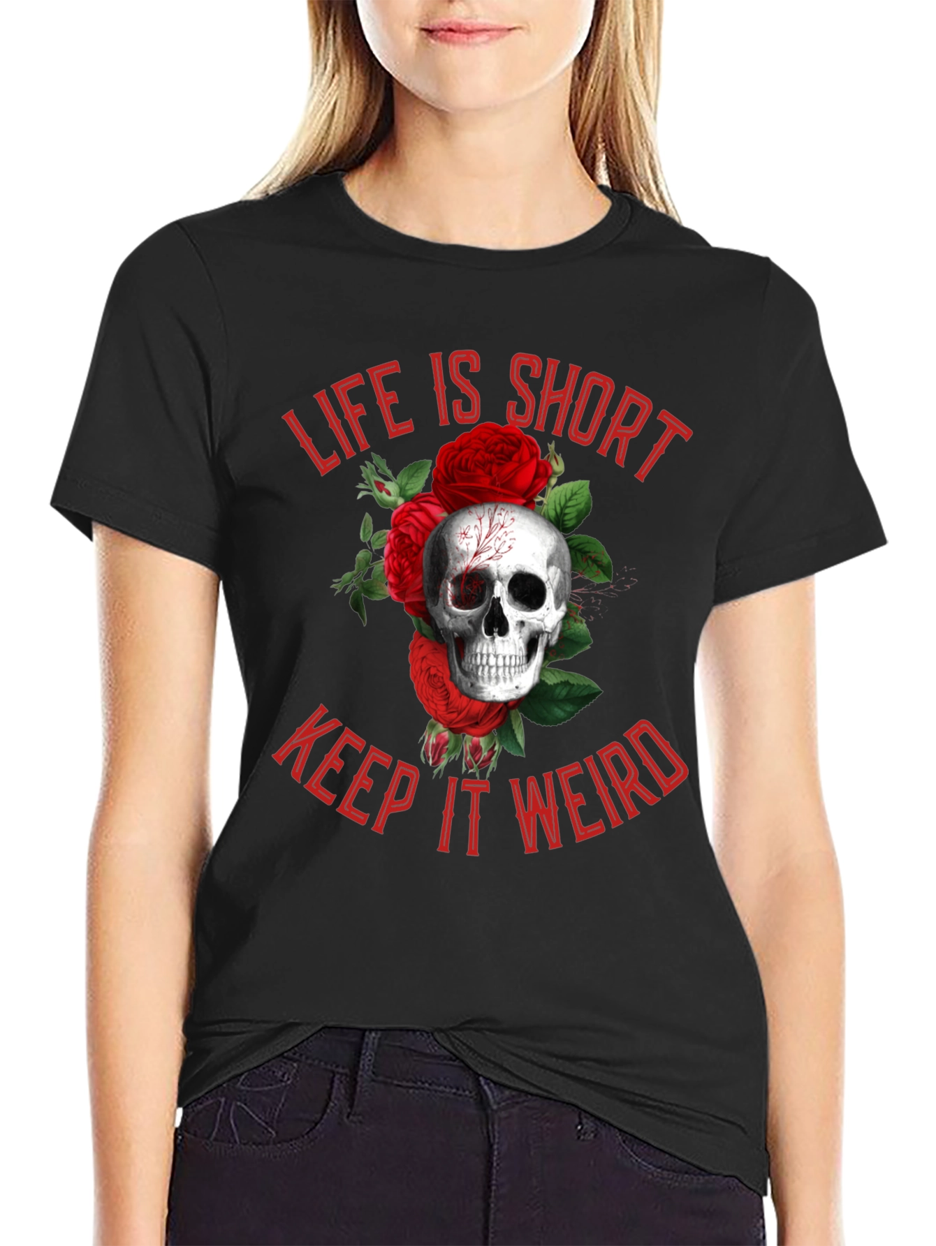 Black Life is Short, Keep it Weird Skull & Roses Graphic Tee view 2