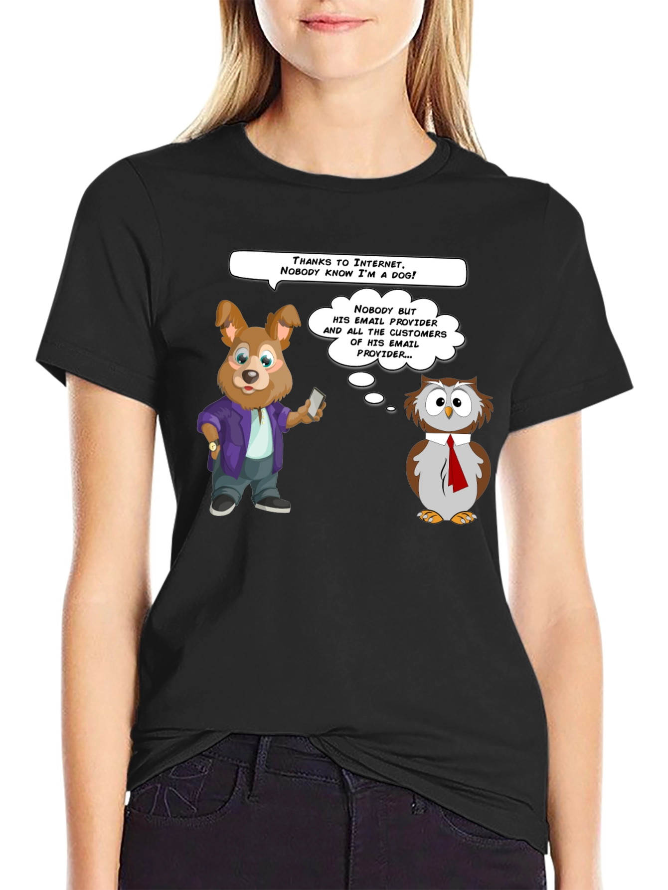 Black Funny Internet Dog & Owl T-Shirt view 2