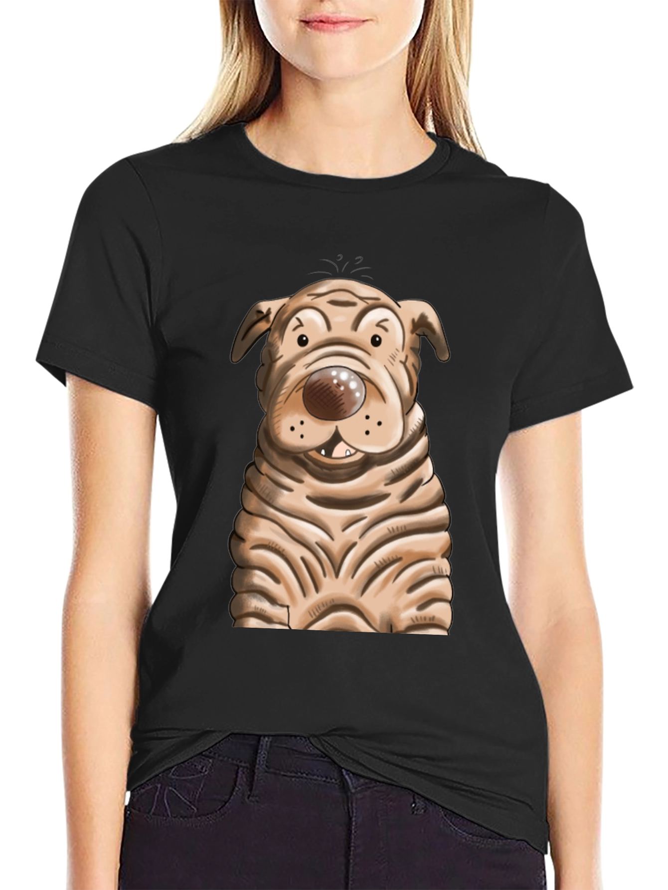 Black Cartoon Dog Graphic T-Shirt - Unisex Crew Neck view 2