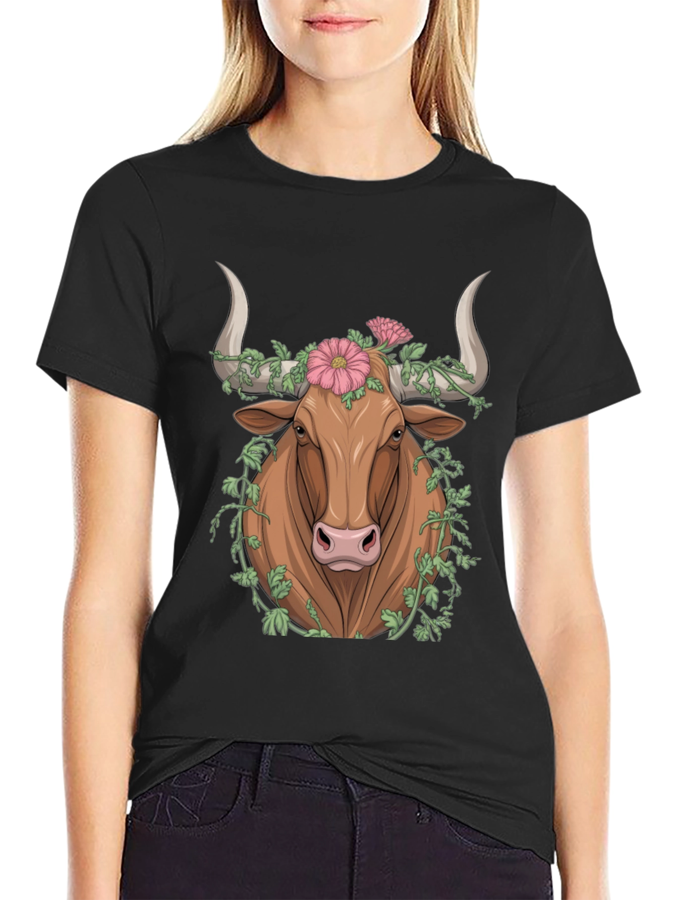 Black Floral Bull Graphic Tee - Unique Animal Print view 2