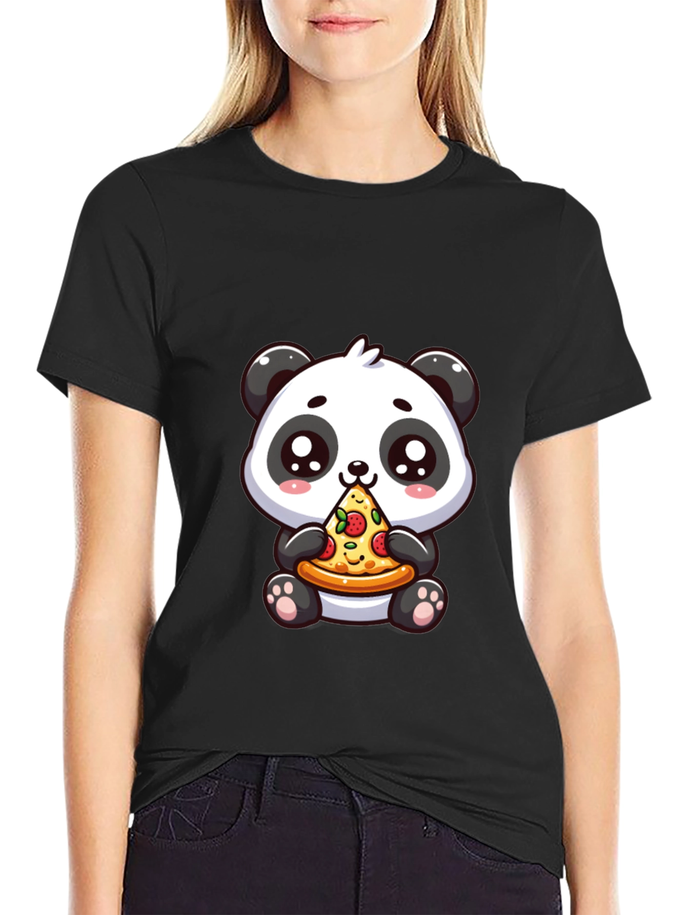 Black Cute Panda Pizza Graphic Black T-Shirt view 2