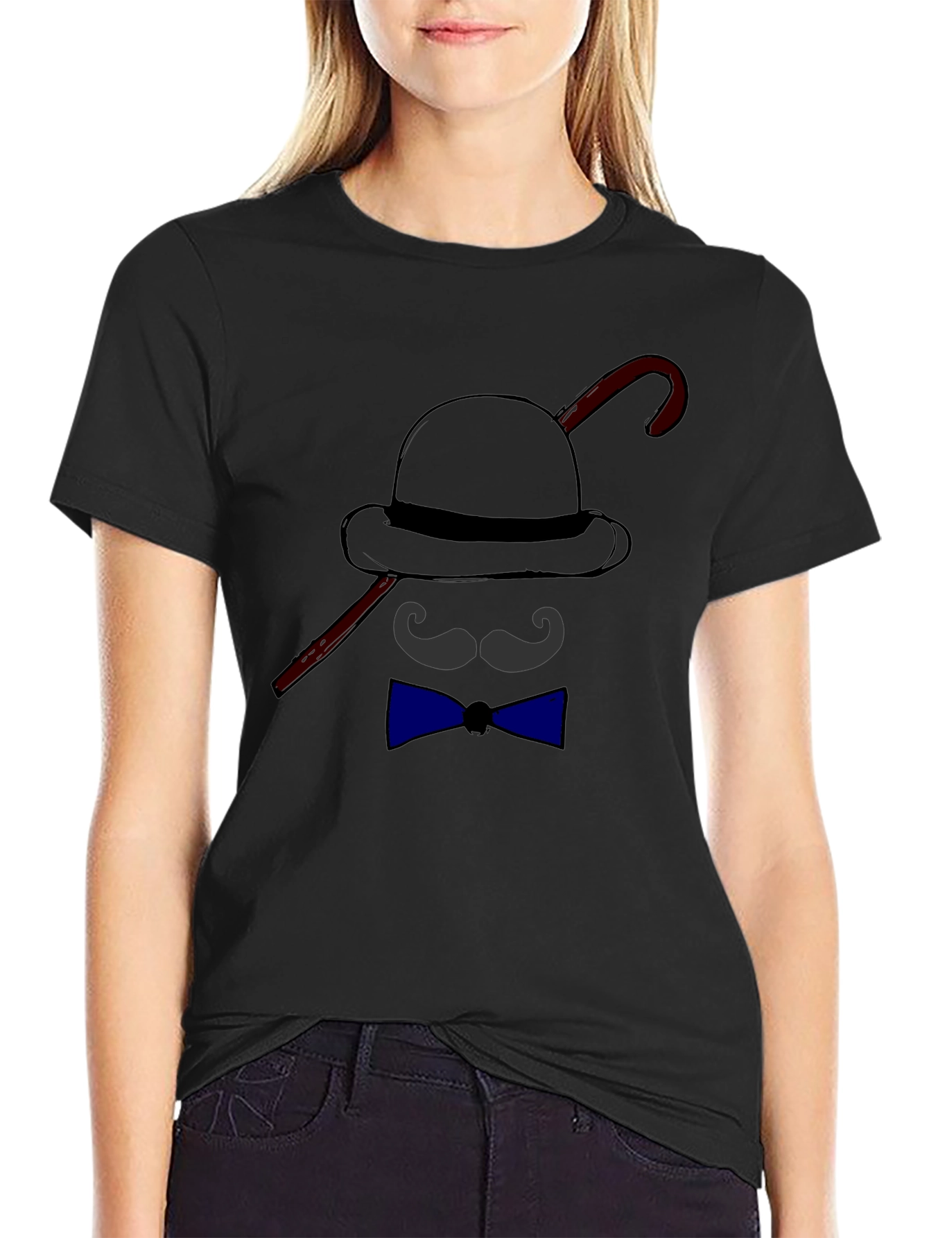 Black Men's Funny Bowler Hat & Bow Tie Graphic T-Shirt view 2