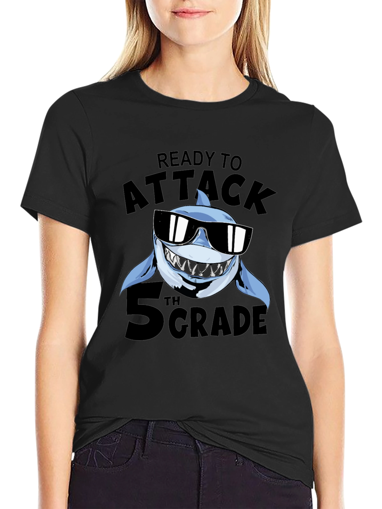 Black Ready to Attack 5th Grade Shark T-Shirt view 2