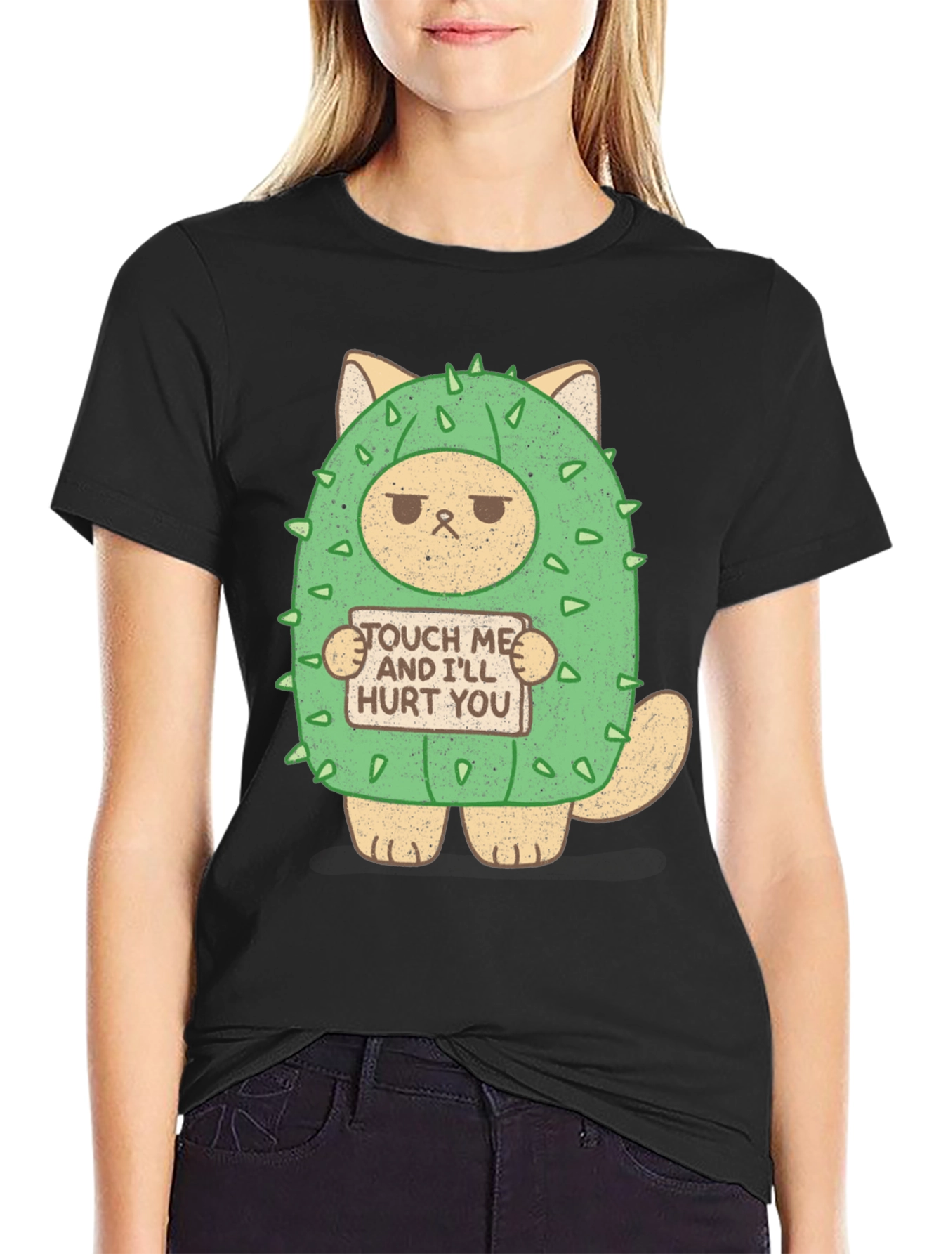 Black Cactus Cat T-Shirt - Touch Me and I'll Hurt You! view 2