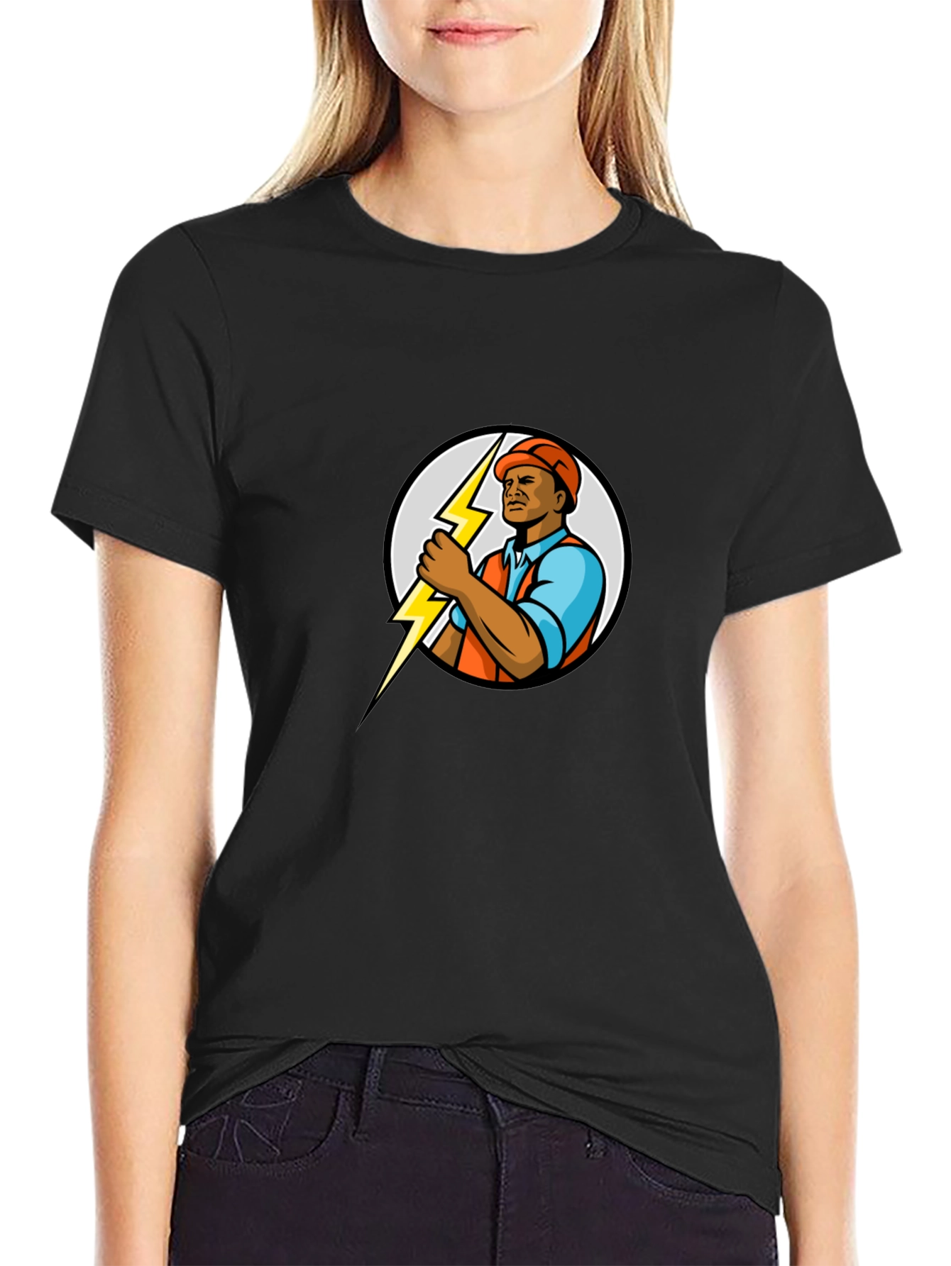 Black Electrician Cartoon Black T-Shirt view 2