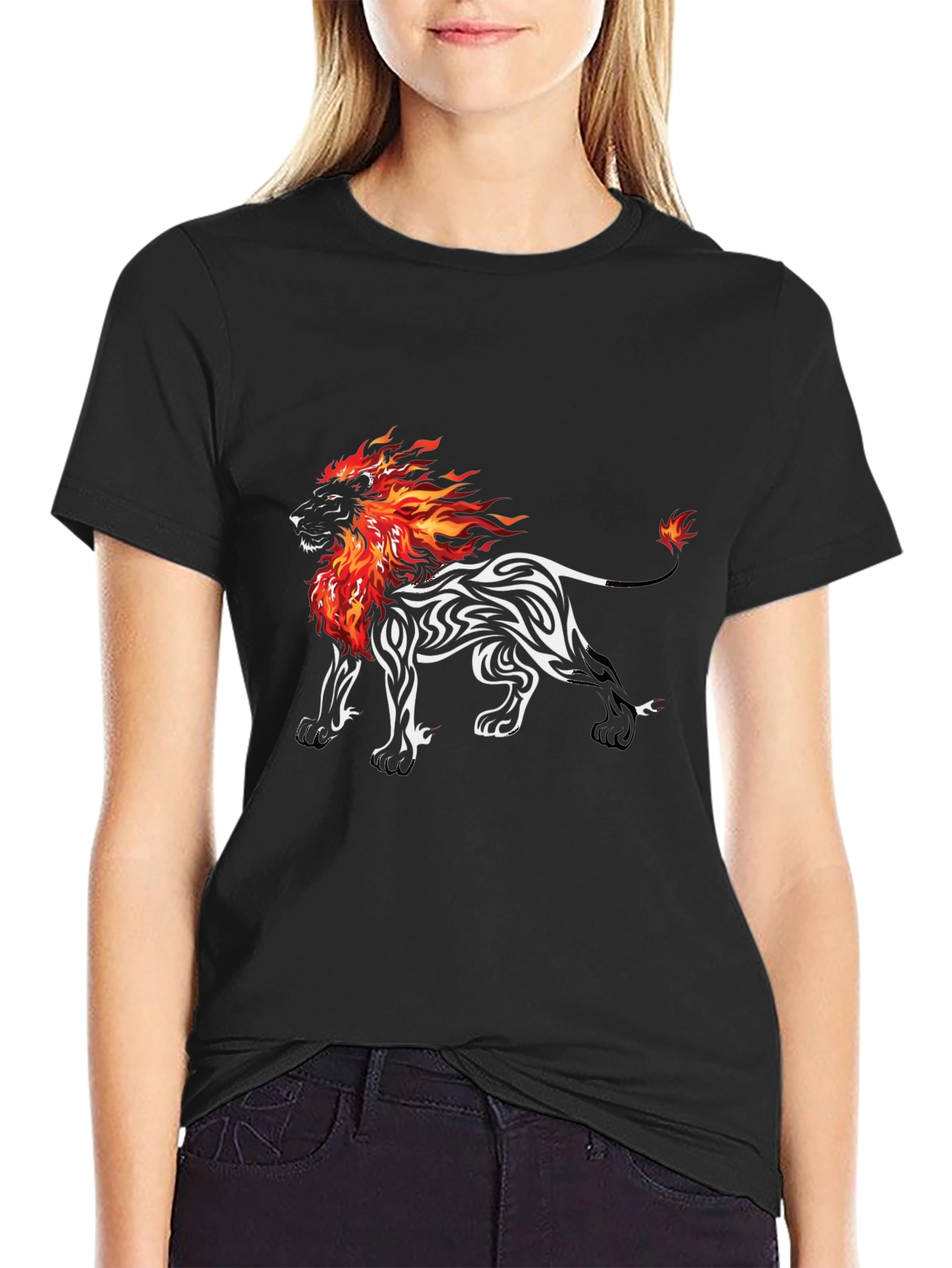 Black Fiery Lion Graphic Tee - Black Cotton Blend T-Shirt view 2