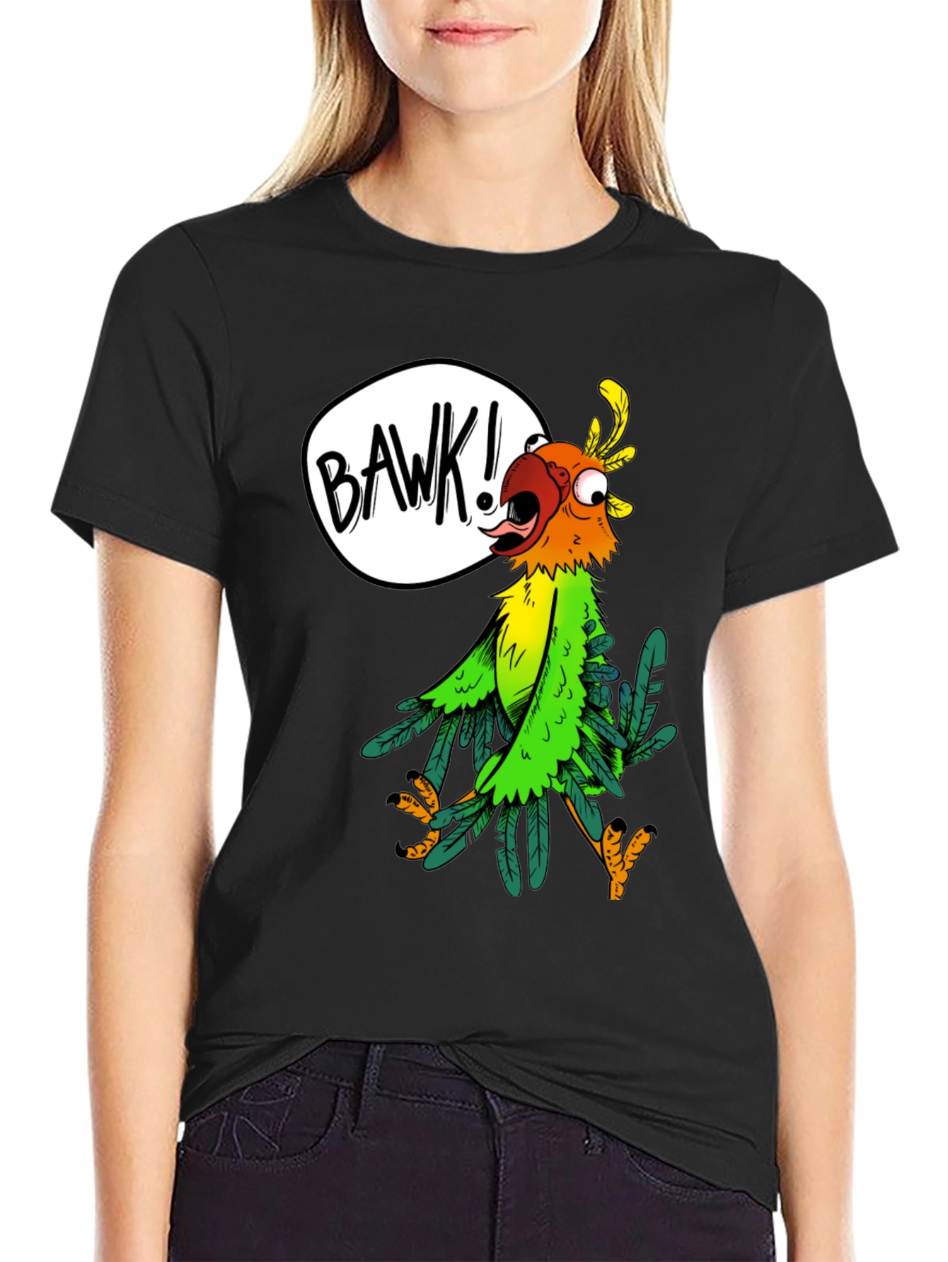 Black Cartoon Parrot Graphic Tee - 'BAWK!' Design view 2