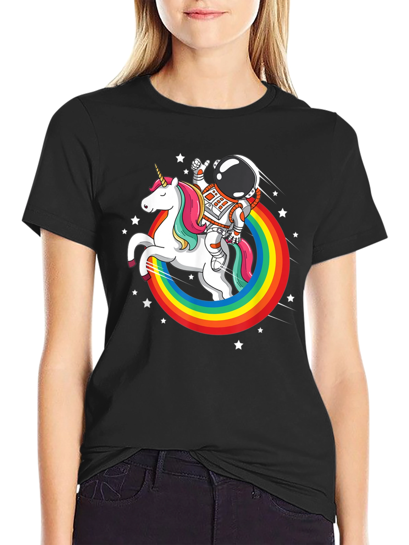 Black Astronaut Unicorn Rainbow T-Shirt view 2
