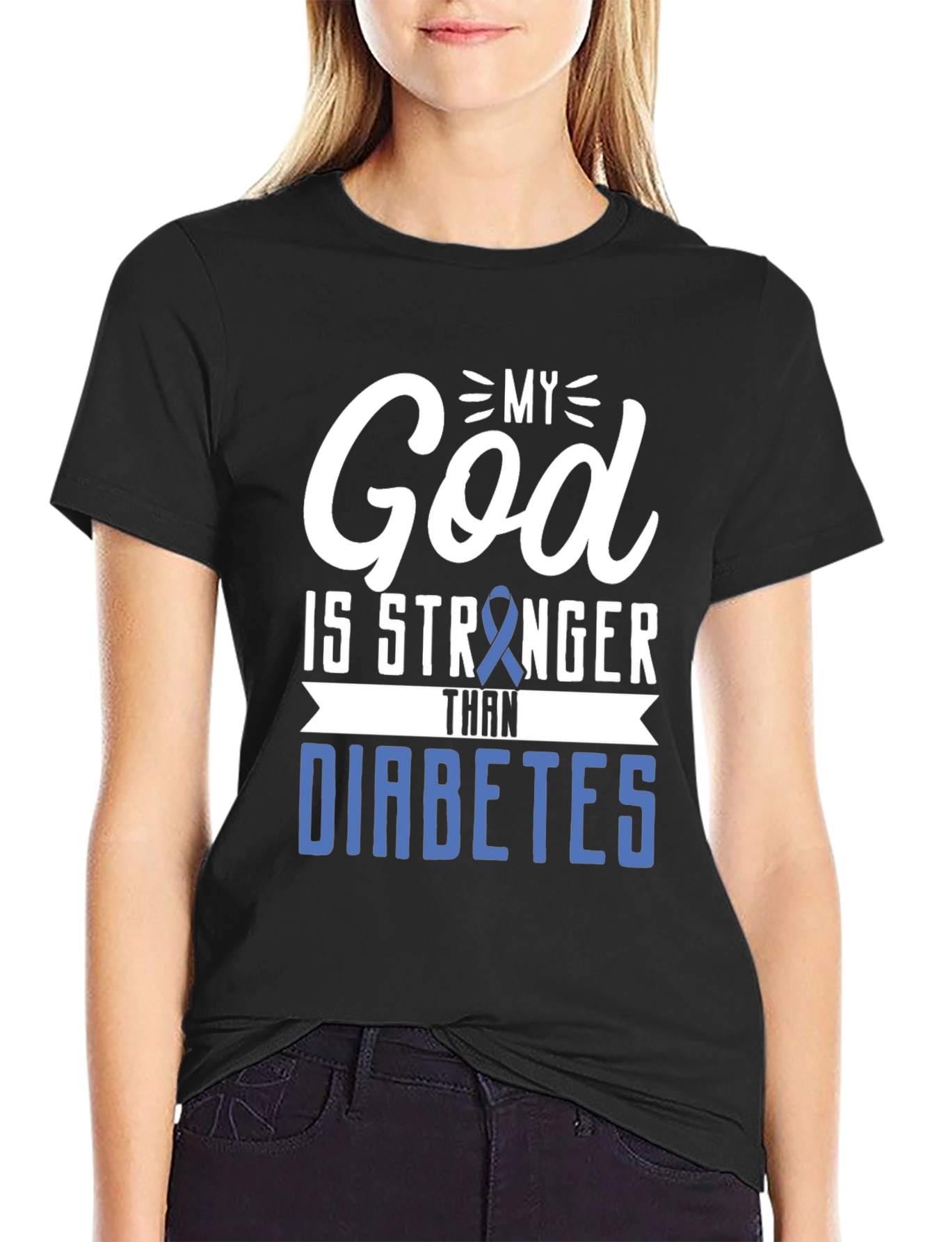 Black My God Is Stronger Than Diabetes Awareness T-Shirt view 2