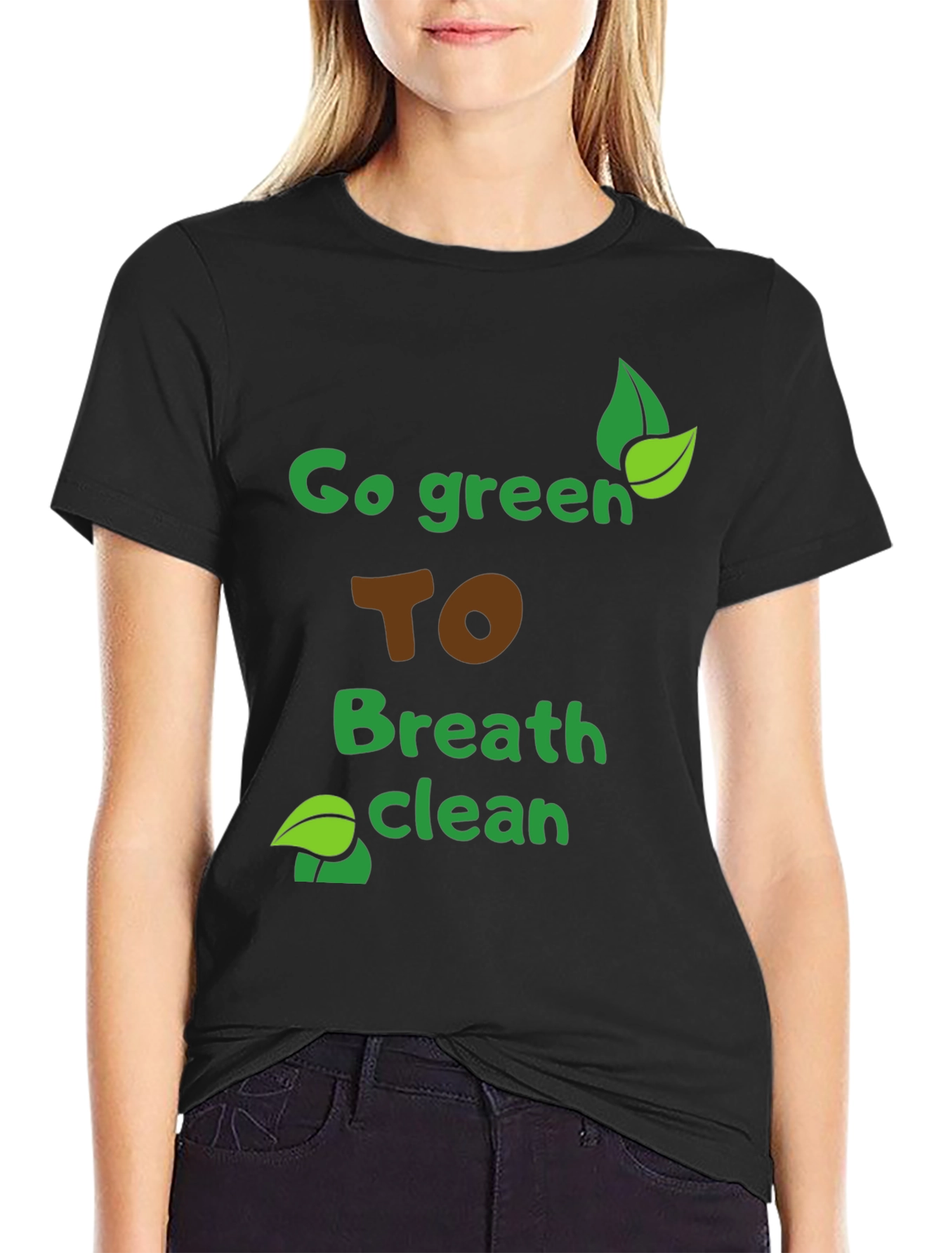Black Eco-Friendly "Go Green" Graphic Tee - Breathe Clean Air! view 2