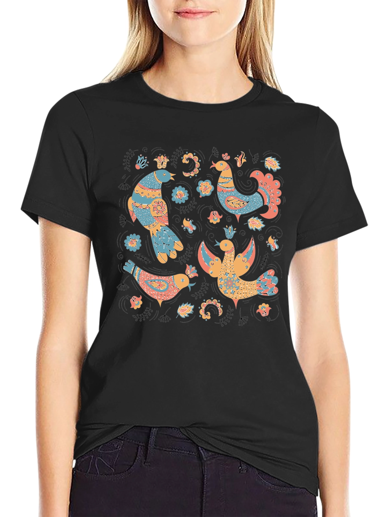 Black Whimsical Folk Art Bird T-Shirt view 2