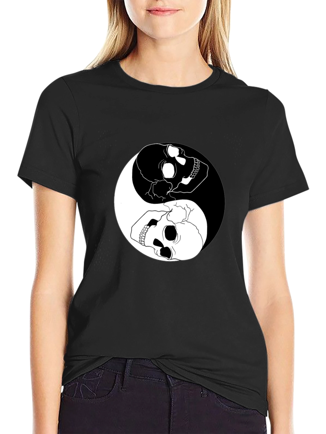 Black Yin Yang Skull Graphic T-Shirt - Black Cotton Tee view 2