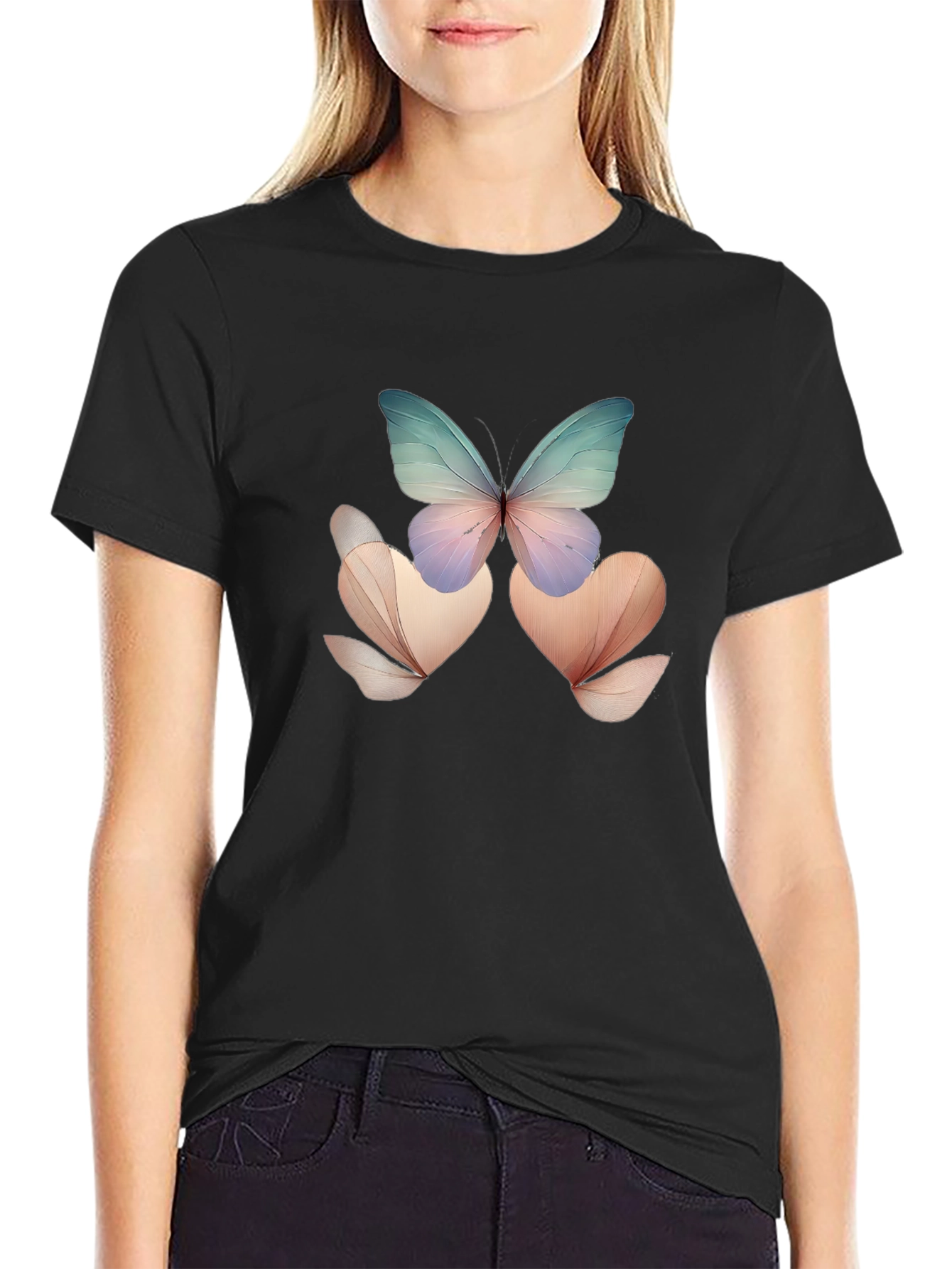 Black Butterfly Floral Black T-Shirt view 2