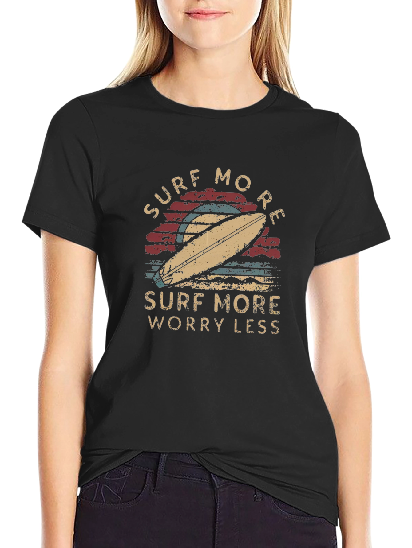 Black Surf More Worry Less Graphic Tee - Retro Surfboard Design view 2