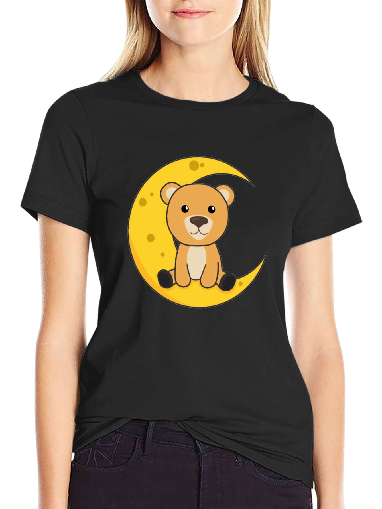 Black Cute Teddy Bear Moon Graphic Tee - Black Casual T-Shirt view 2
