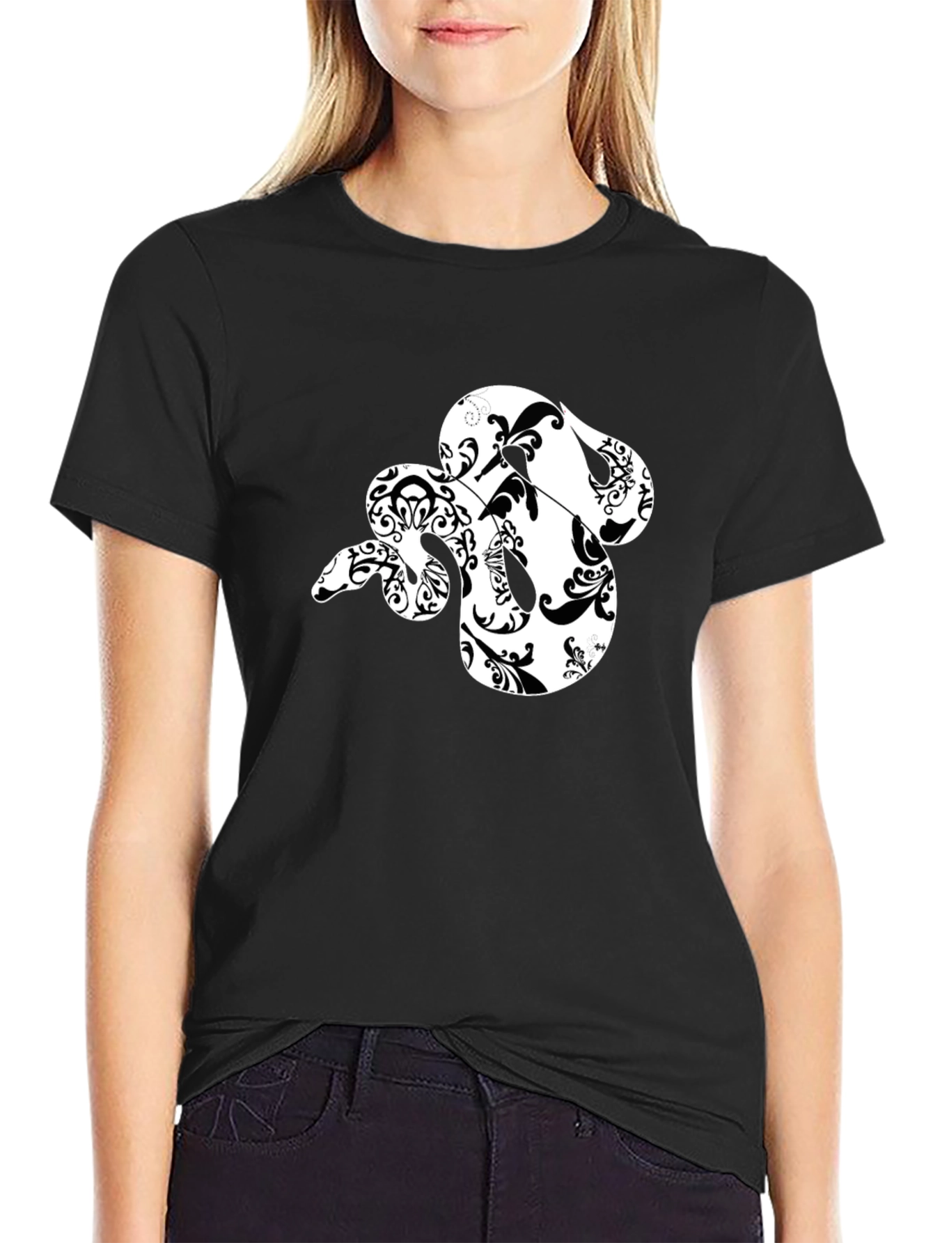 Black Stylish Black T-Shirt with Floral Snake Design view 2