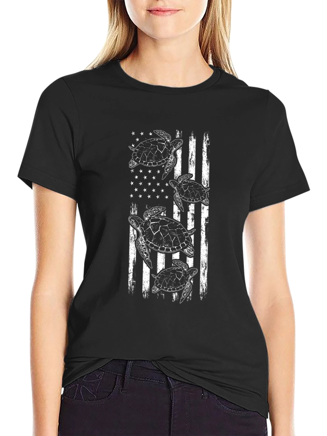Black Turtle American Flag Graphic T-Shirt view 2