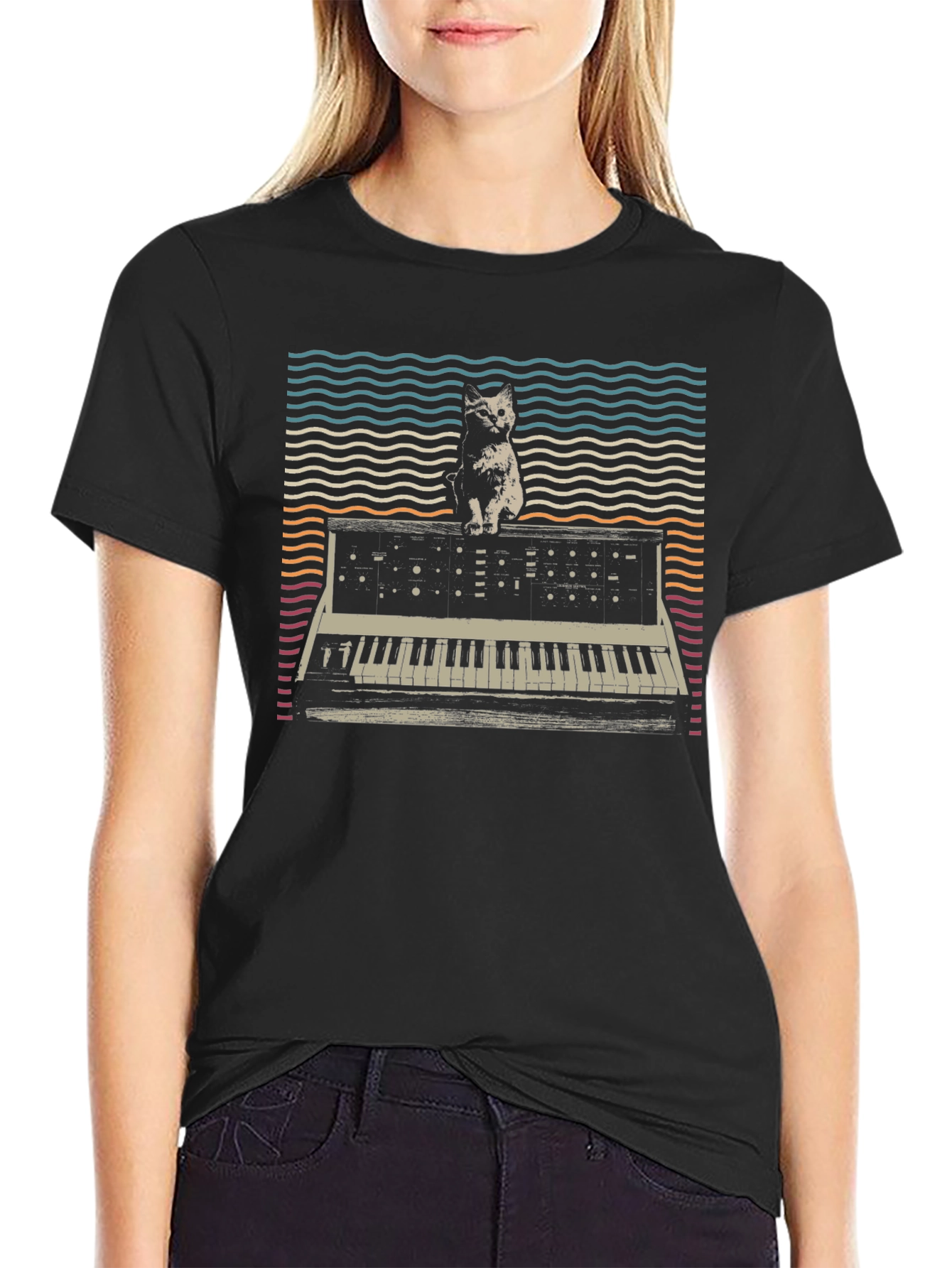 Black Cat Synth T-Shirt: Vintage Keyboard Tee view 2