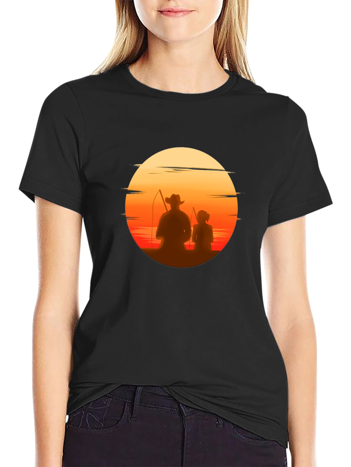 Black Sunset Fishing T-Shirt: Dad & Daughter Silhouette Tee view 2
