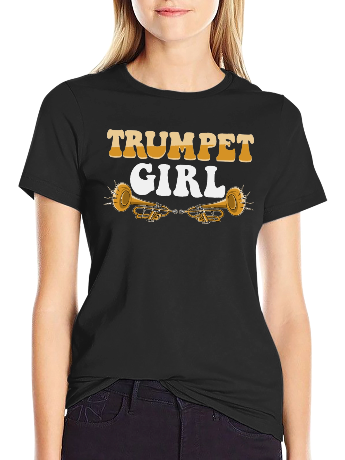Black Trumpet Girl Graphic T-Shirt, Music Lover Tee view 2
