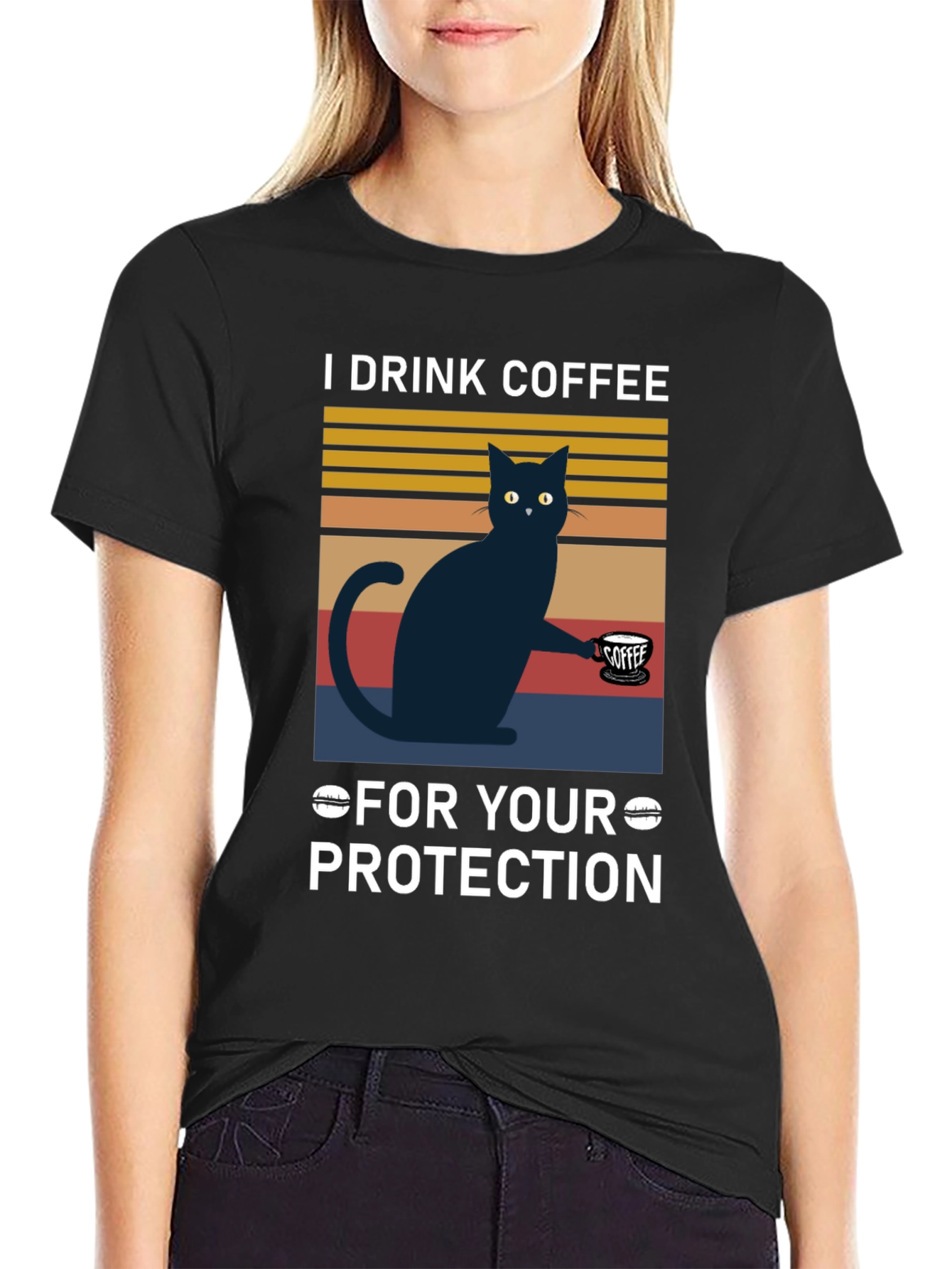 Black Funny Cat Coffee T-Shirt - For Your Protection view 2