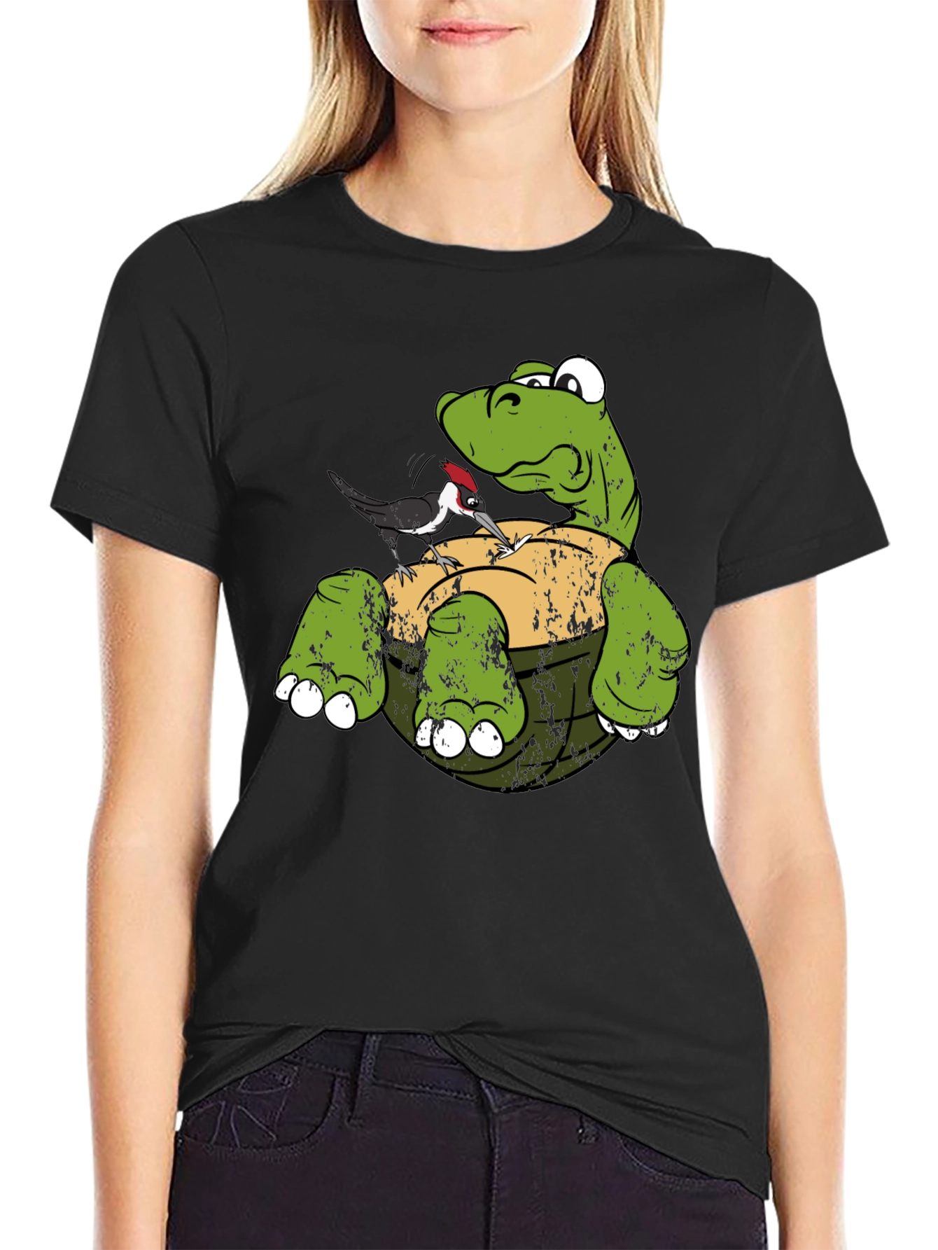 Black Turtle & Woodpecker Graphic T-Shirt view 2