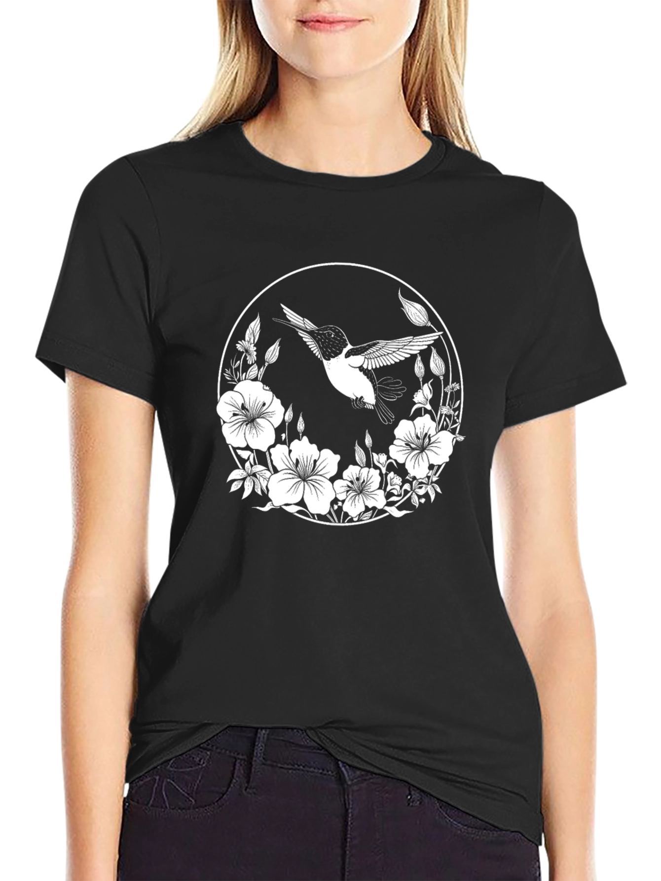 Black Hummingbird Floral Graphic Black T-Shirt view 2