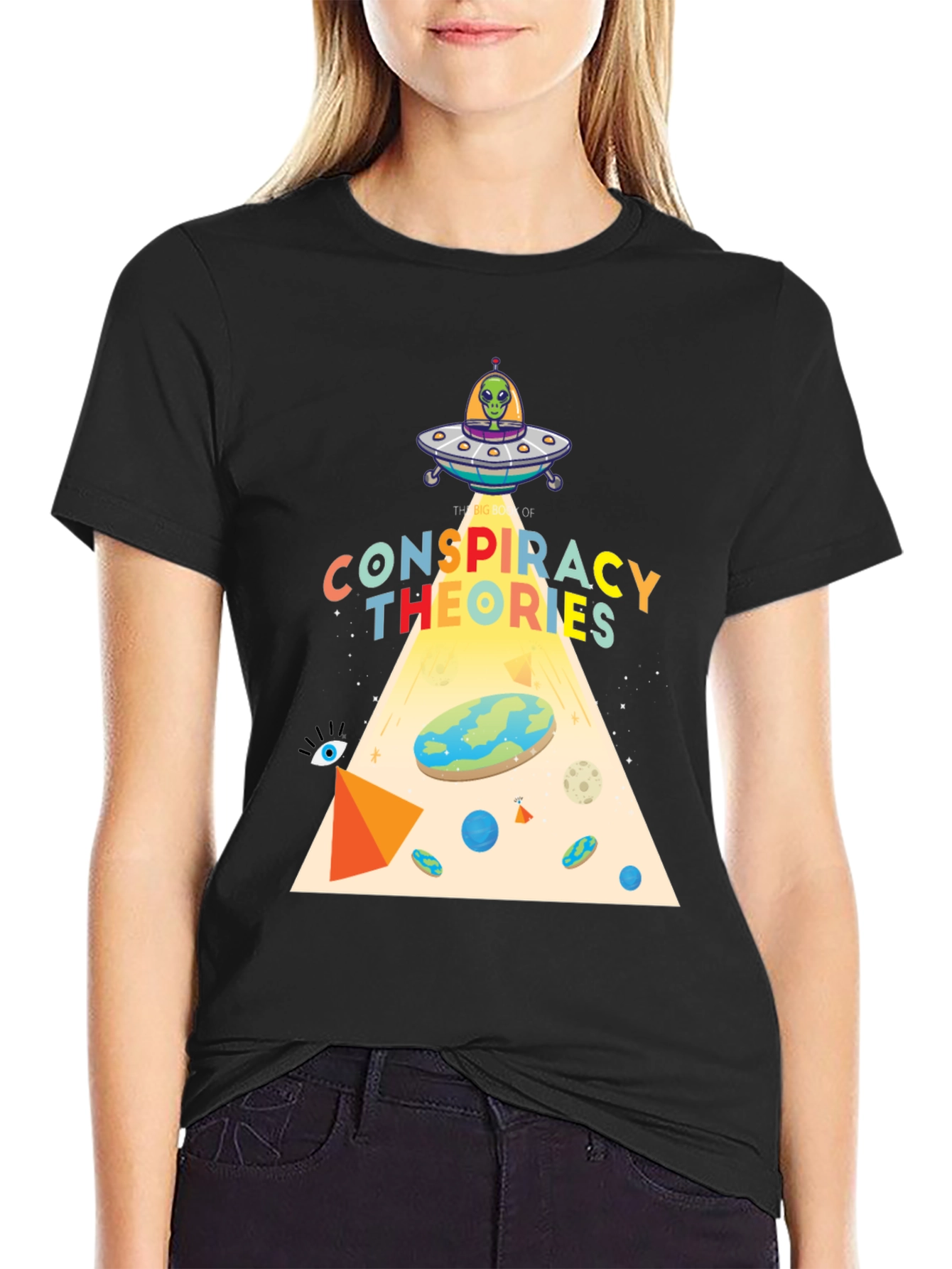 Black Conspiracy Theories Graphic T-Shirt, Alien UFO, Flat Earth view 2