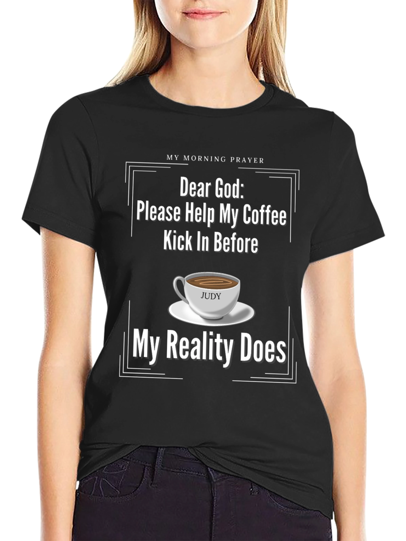 Black Funny "Dear God" Coffee T-Shirt view 2