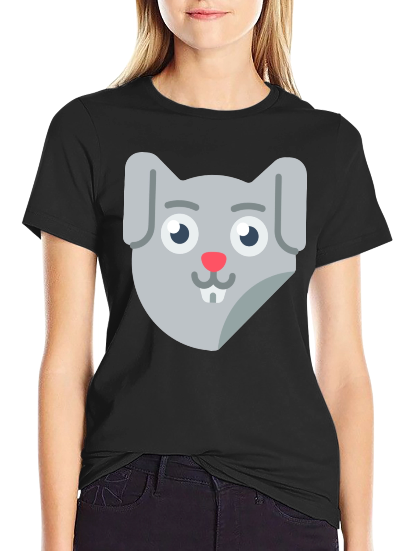 Black Cute Cartoon Rabbit Face Black T-Shirt view 2