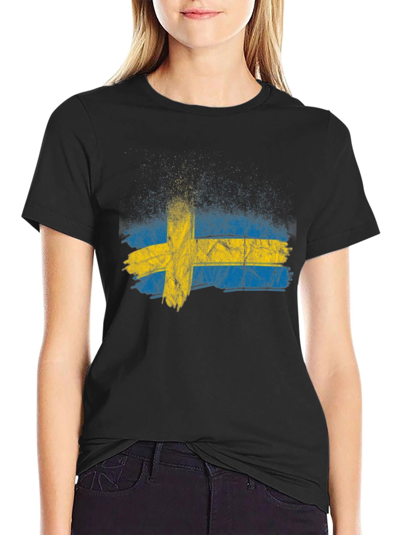Black Sweden Flag Distressed Graphic Tee - Black view 2