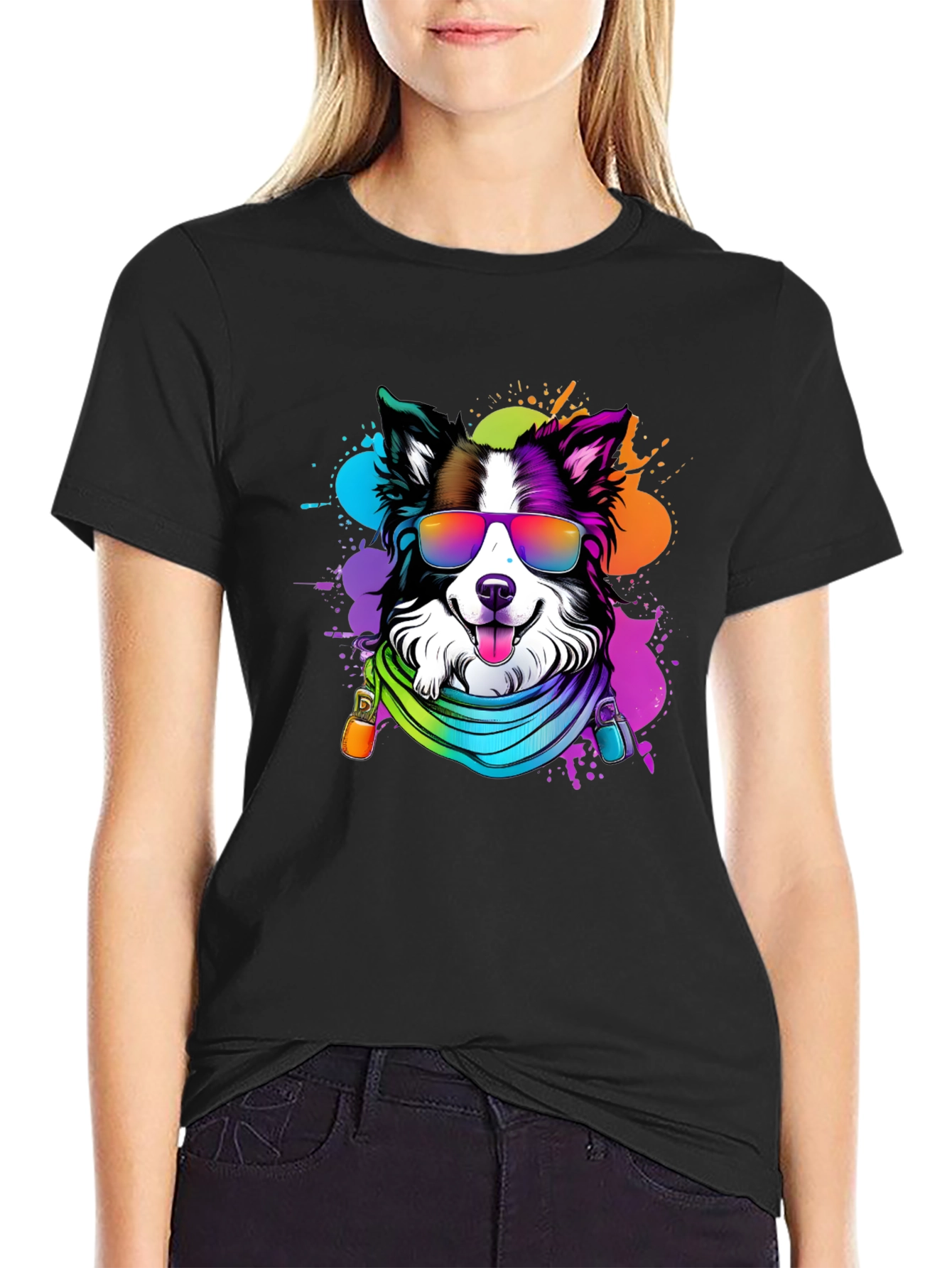 Black Cool Dog Graphic Tee - Colorful Border Collie T-Shirt view 2