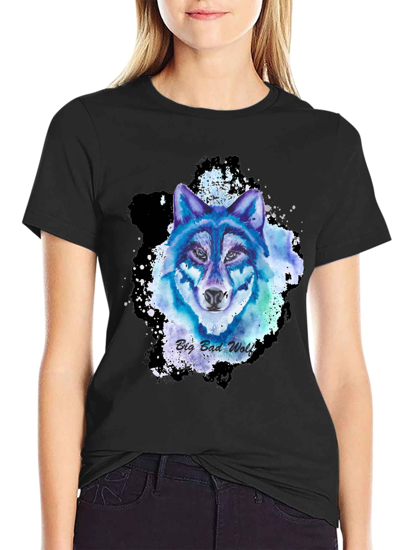 Black Watercolor Wolf Graphic Tee - Cool Animal Design view 2