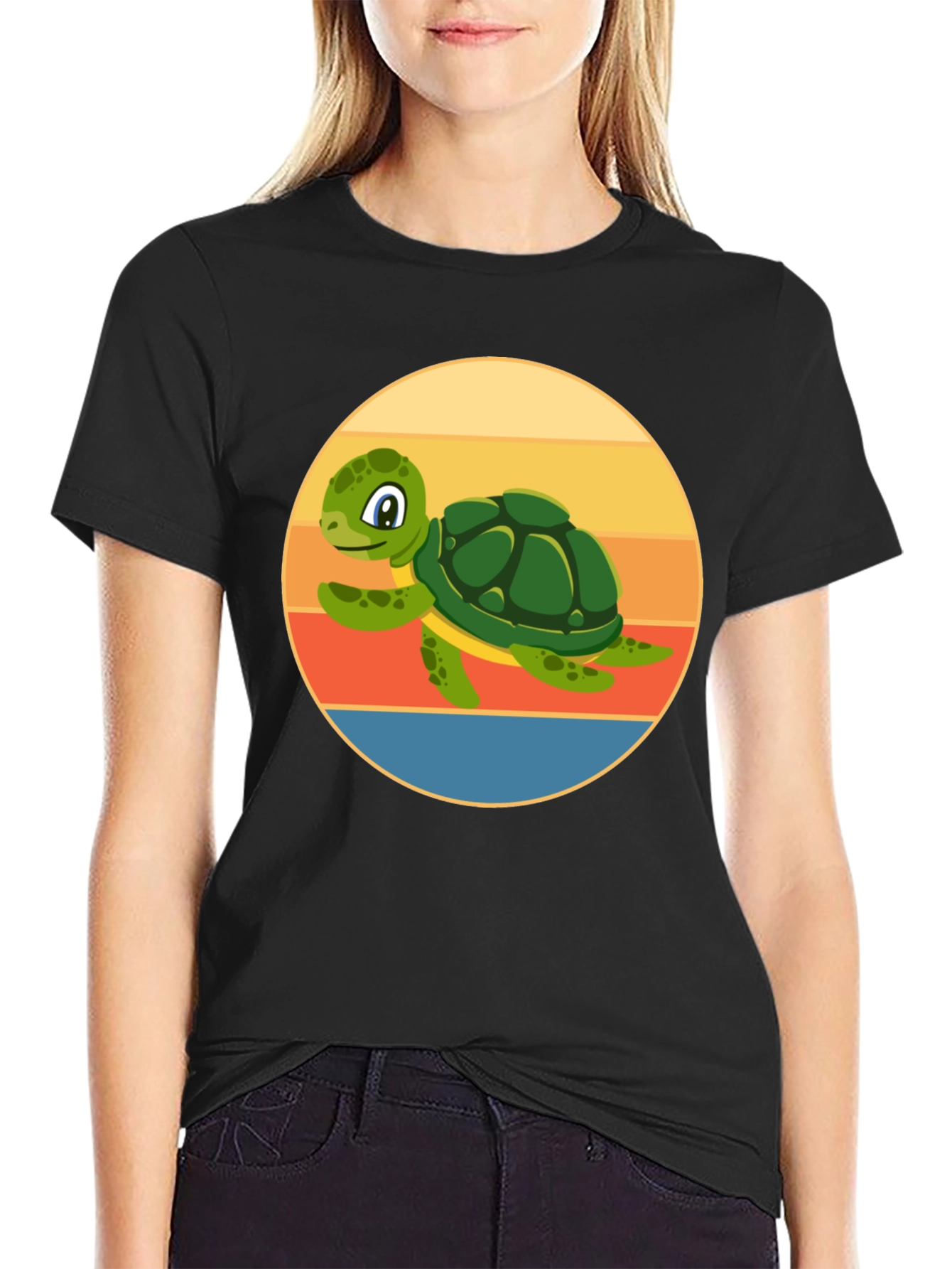 Black Cute Turtle Graphic Tee - Retro Style view 2