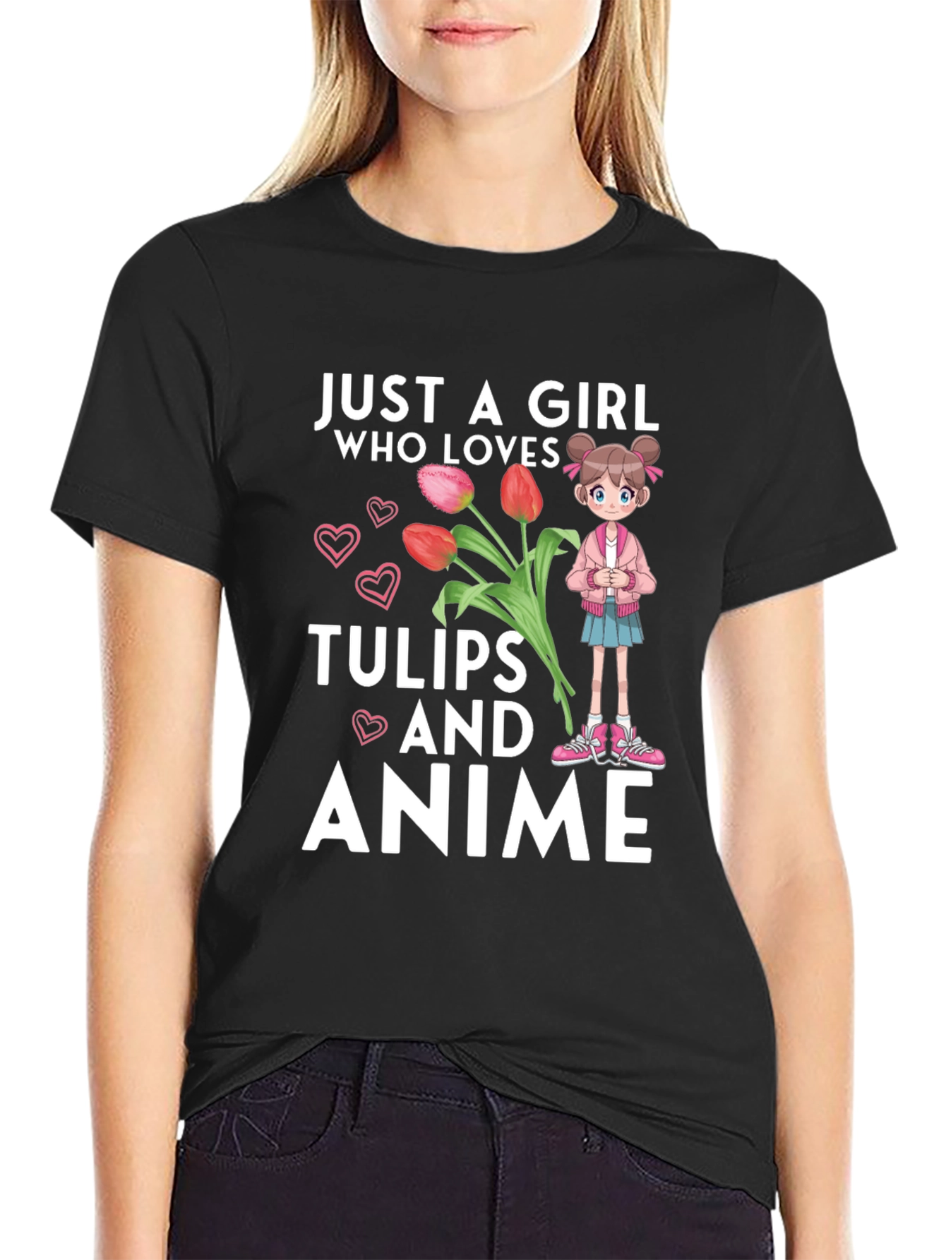 Black Just a Girl Who Loves Tulips and Anime T-Shirt view 2