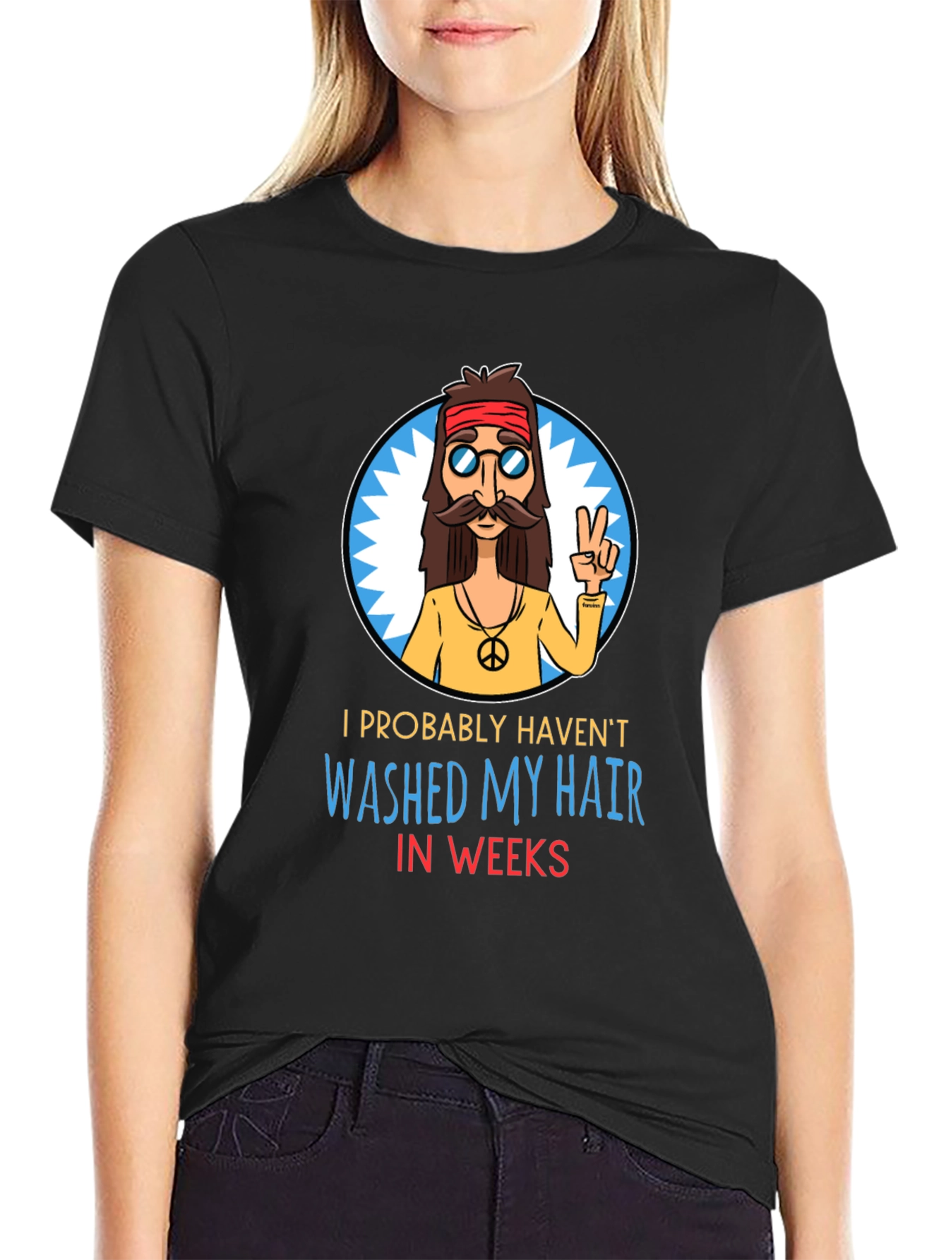 Black Hippie Humor T-Shirt - Unwashed Hair view 2