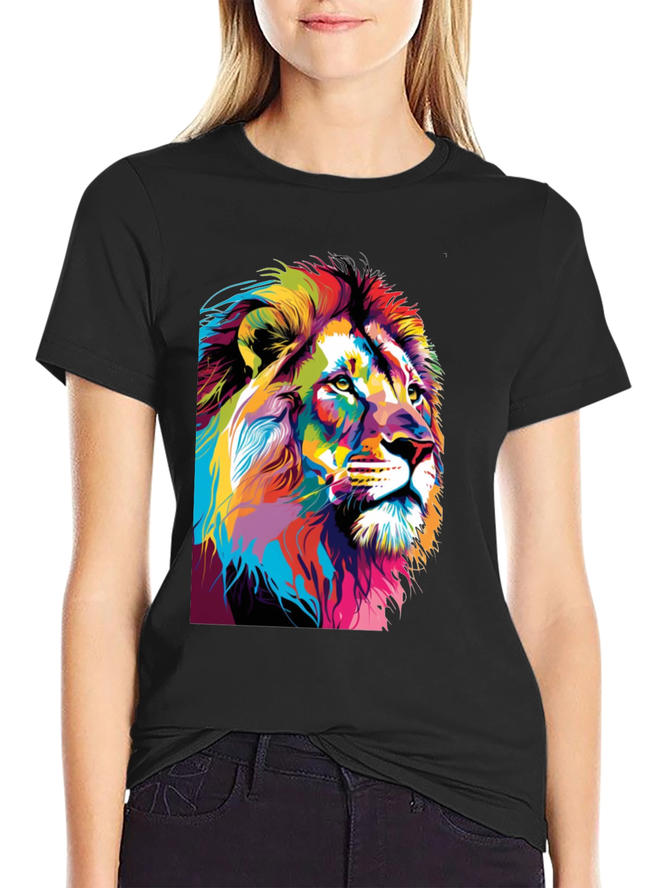 Black Colorful Lion Graphic Print T-Shirt view 2