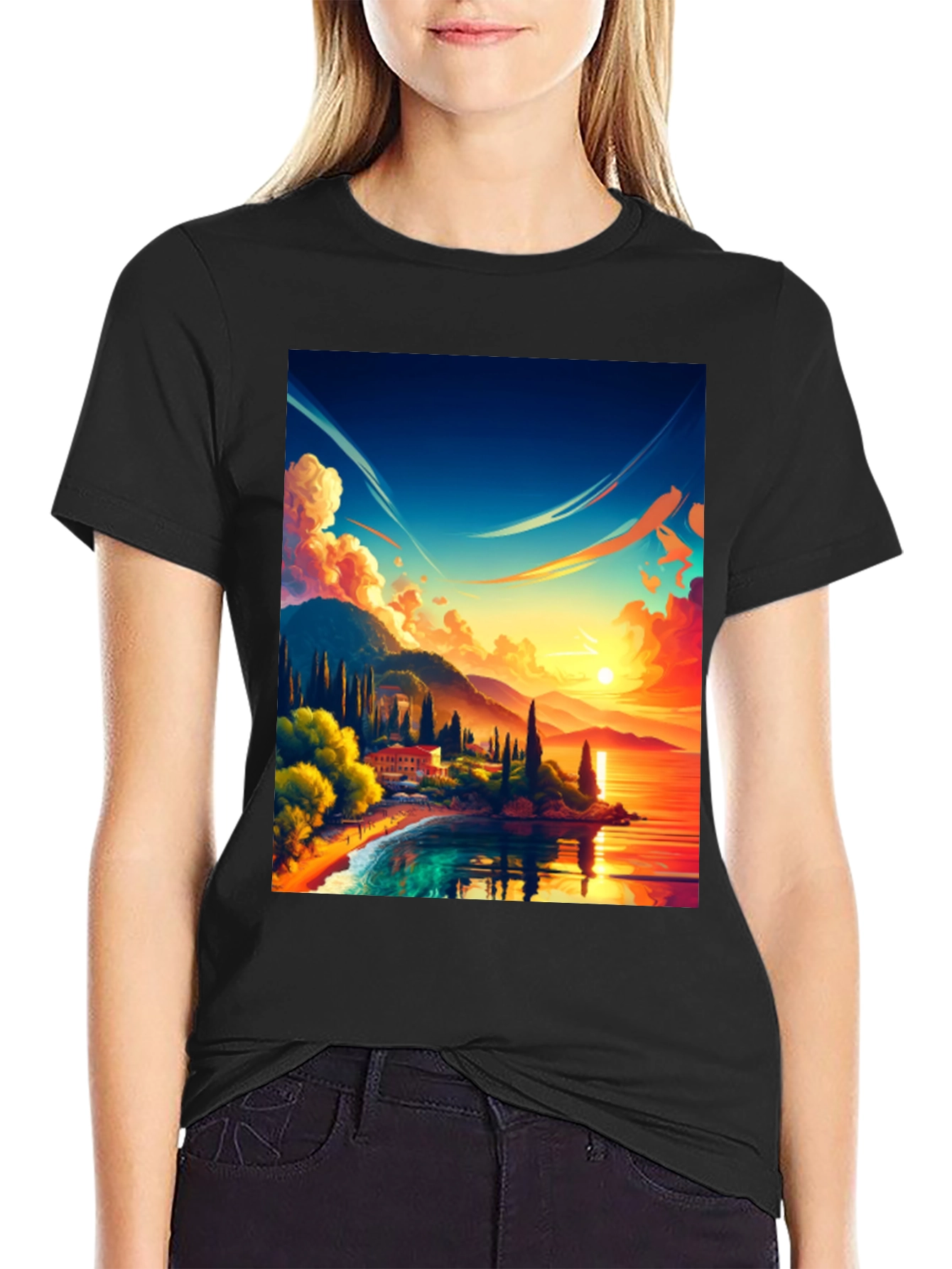 Black Vibrant Sunset Landscape Graphic Tee view 2