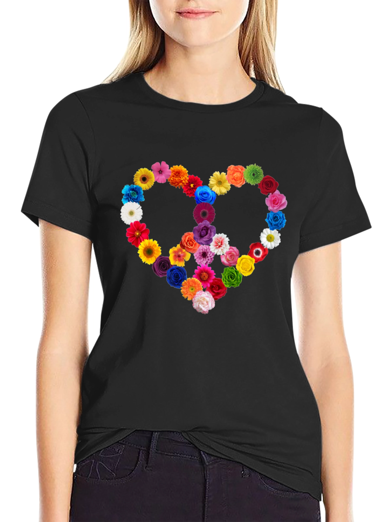 Black Floral Peace Sign Heart Graphic T-Shirt view 2