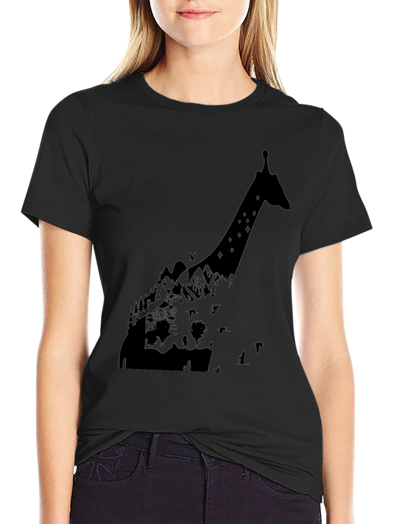 Black Giraffe Silhouette Graphic T-Shirt - Black view 2