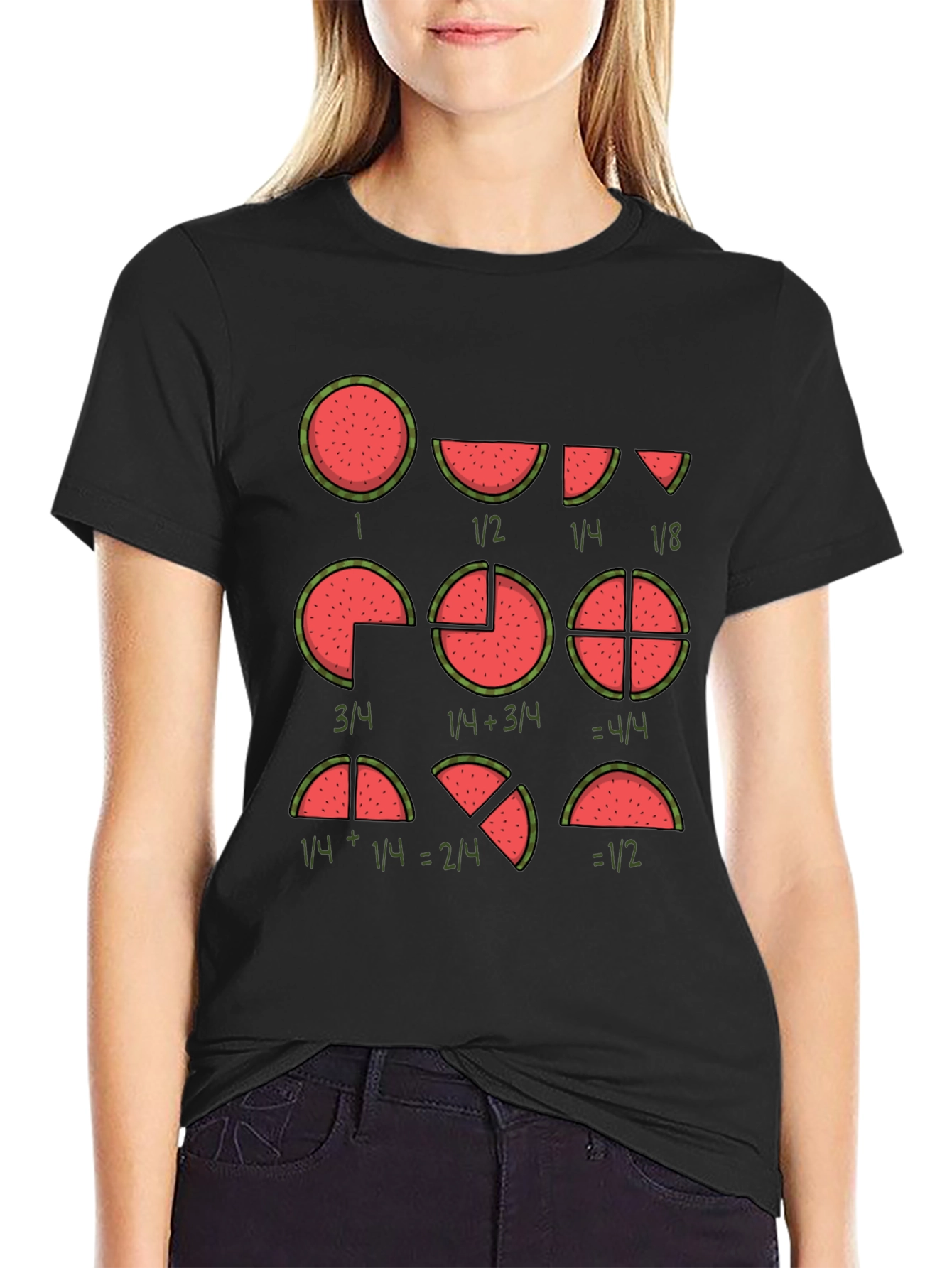 Black Watermelon Fractions Math Humor Graphic T-Shirt view 2