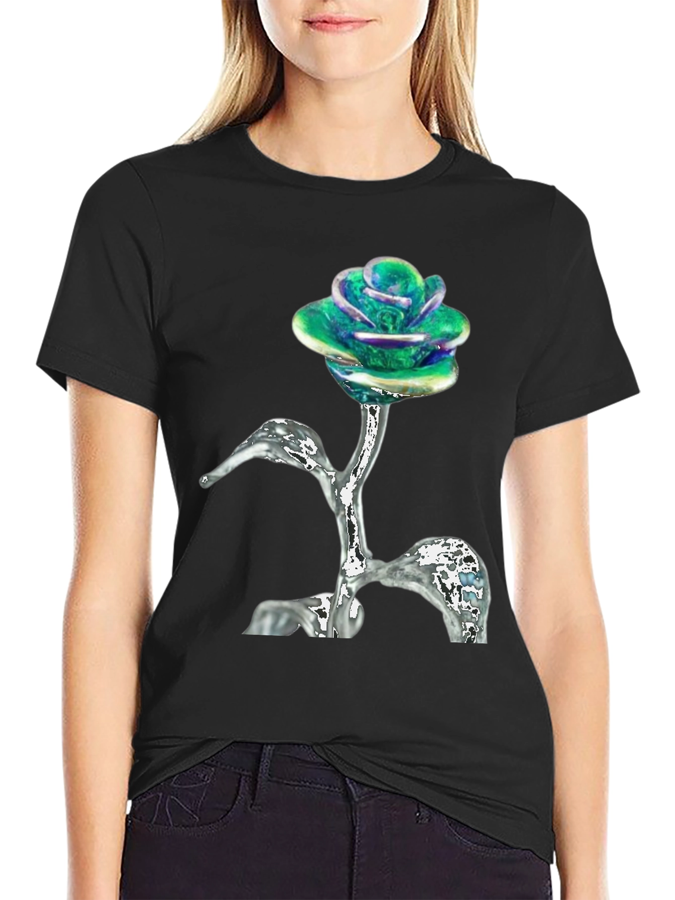 Black Iridescent Rose T-Shirt - Unique Floral Design view 2