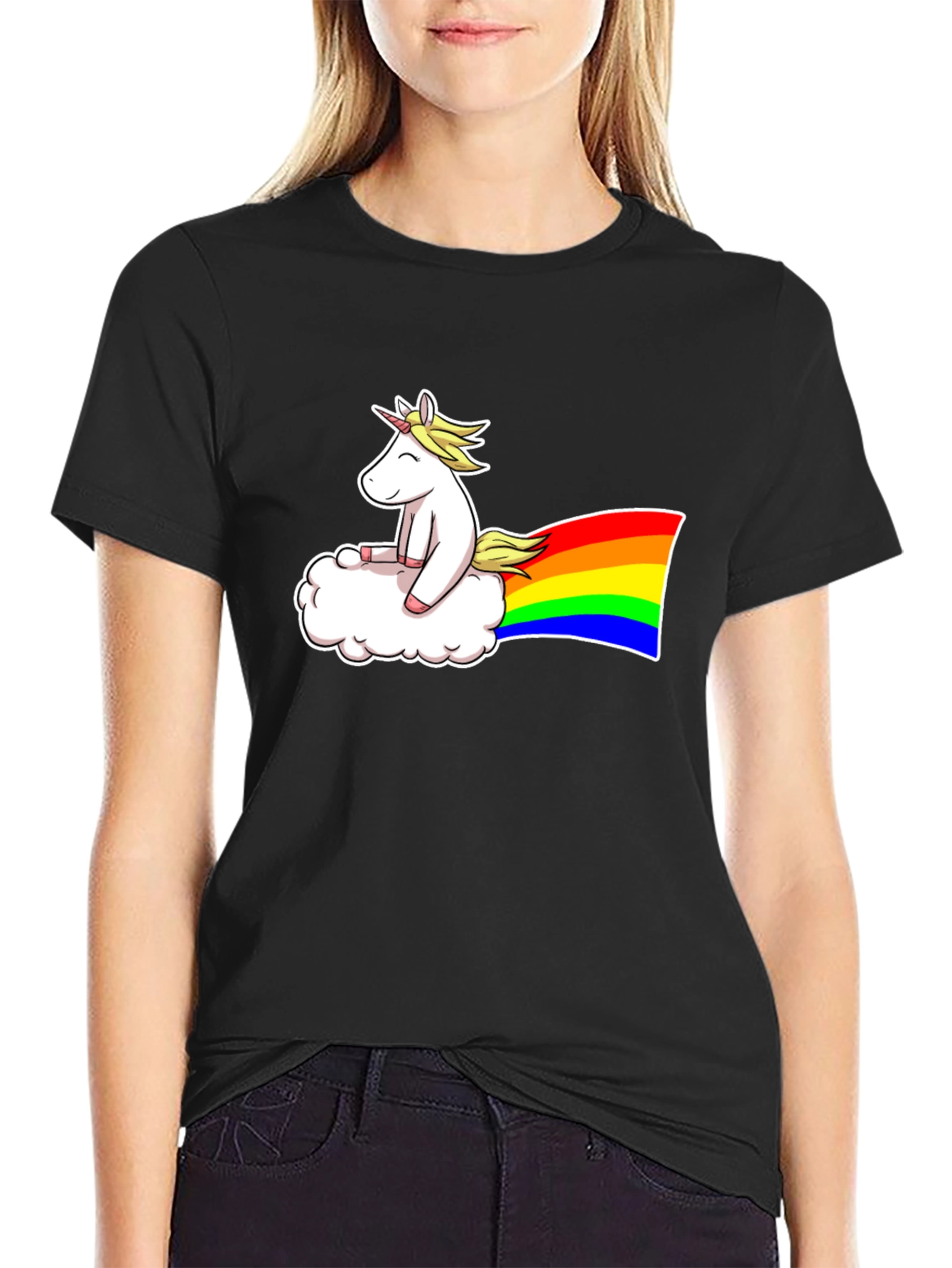 Black Unicorn Cloud Rainbow Graphic T-Shirt view 2