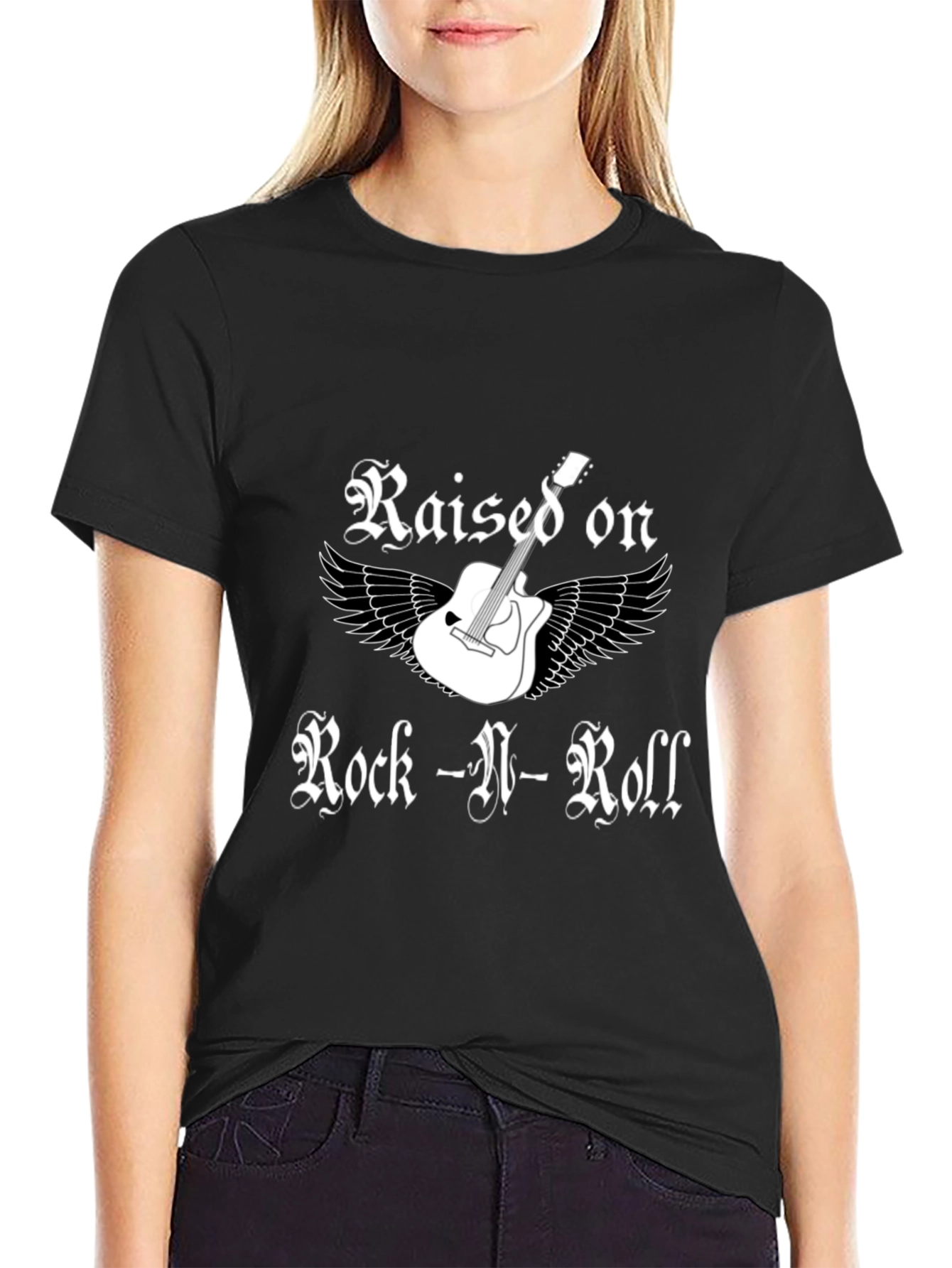 Black Rock-N-Roll T-Shirt - Guitar and Wings Design view 2