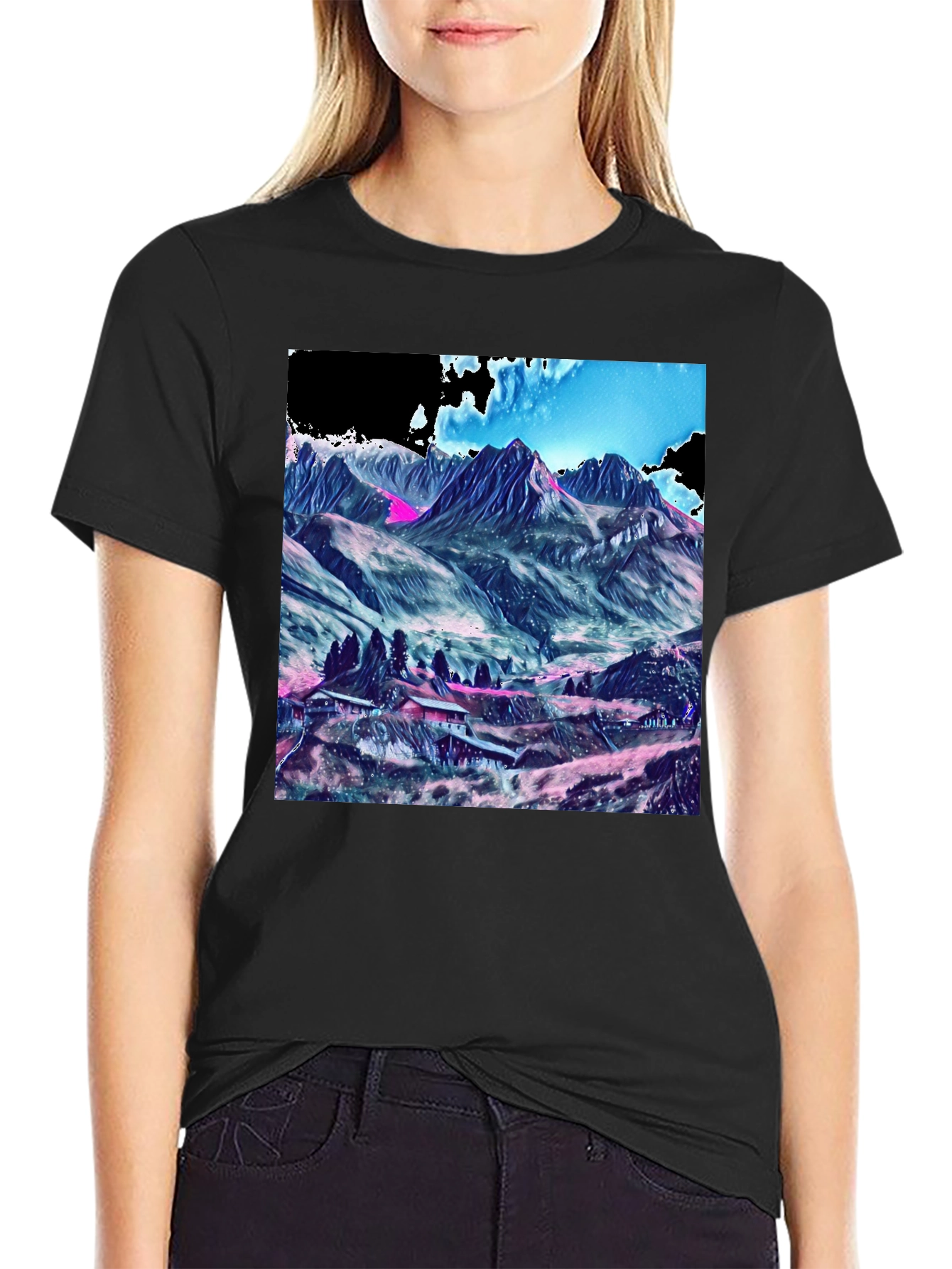 Black Mountains Graphic Tee - Stylish Black Cotton T-Shirt view 2