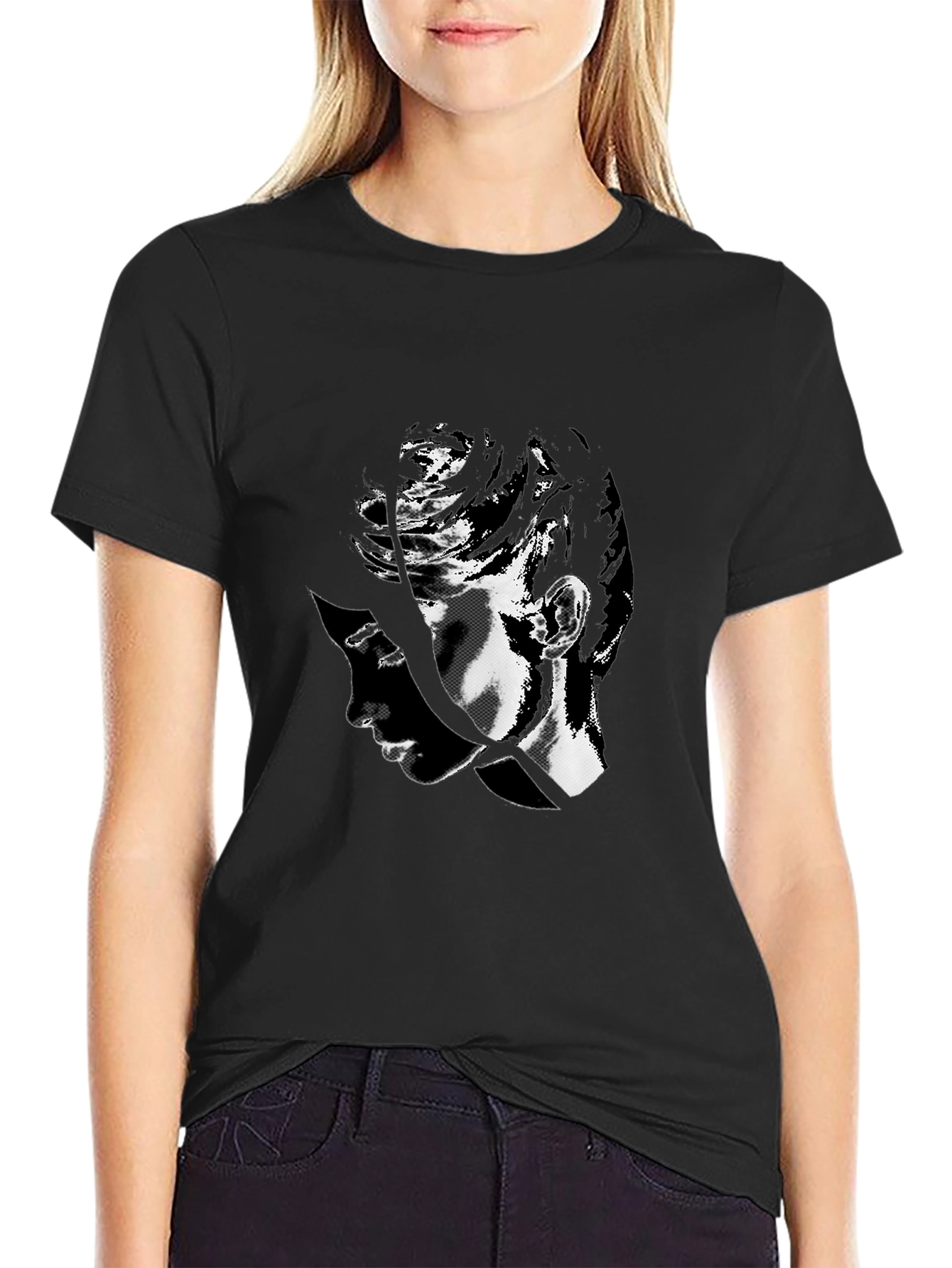 Black Abstract Face Graphic Tee - Black Cotton Casual Shirt view 2