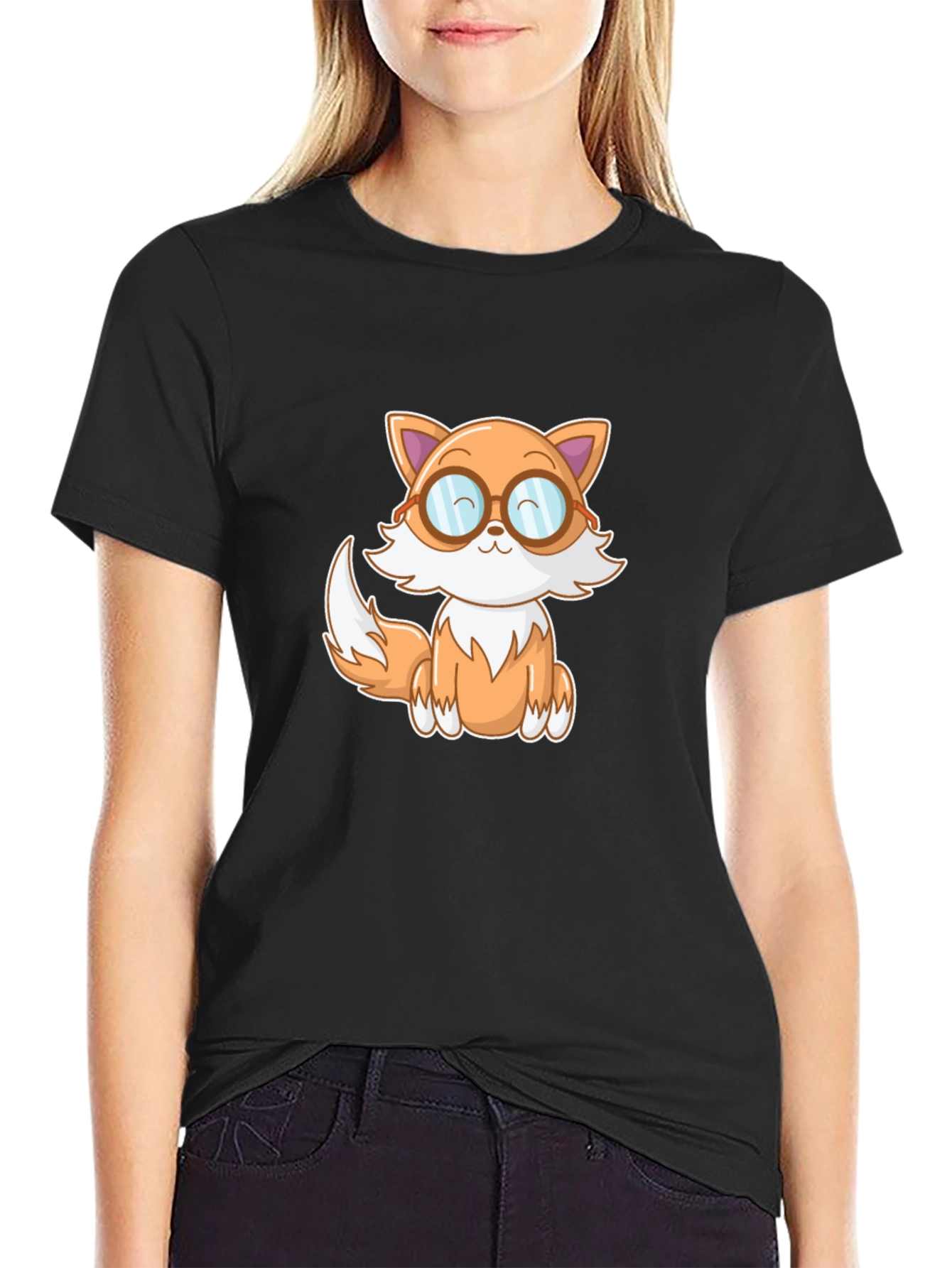 Black Cute Cartoon Fox T-Shirt - Black view 2
