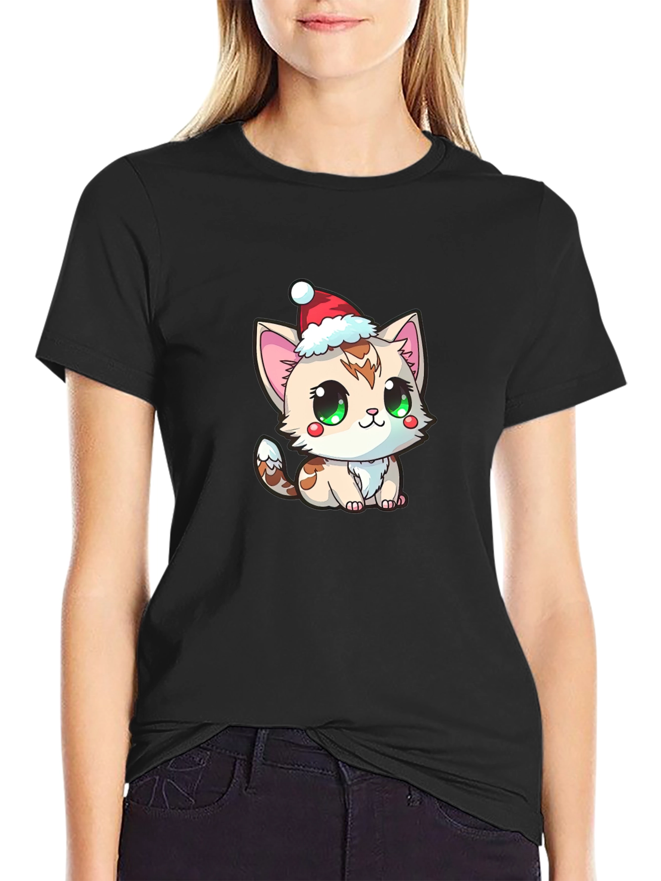 Black Cute Kitten in Santa Hat Graphic Tee view 2